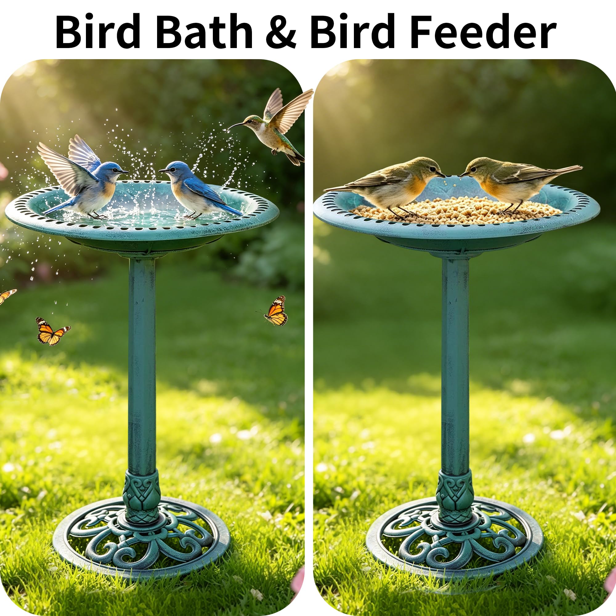 Bain d'oiseaux Vertical avec Fontaine Solaire, Distributeur de Nourriture pour Oiseaux Sauvages, 2 en 1, sur Pied, Style Vintage, pour Extérieur, Jardins et Pelouses (Vert)