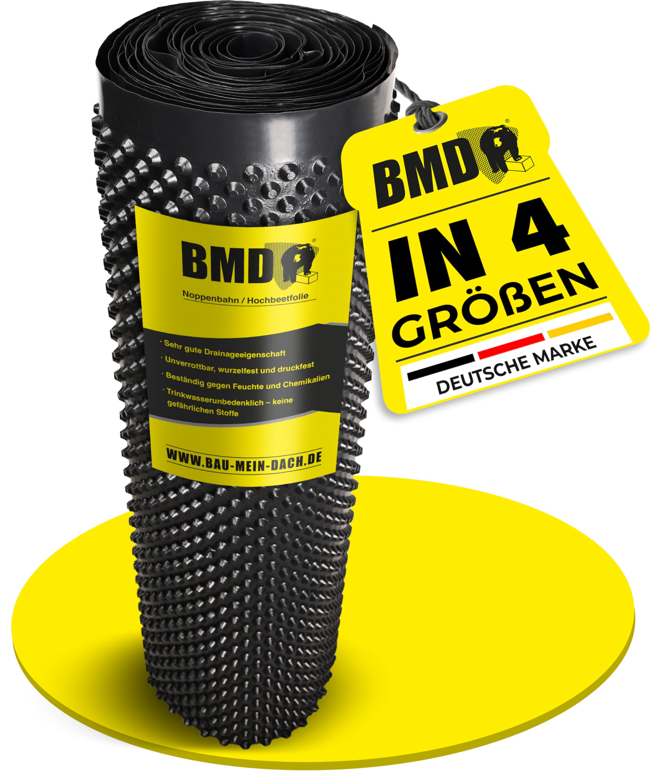 BMD Noppenbahn | 1,5m x 20m | 4 Größen | Hochbeetfolie ohne Weichmacher | Noppenfolie für den Grundmauerschutz | 30m² | Drainage | CE-Siegel Qualität