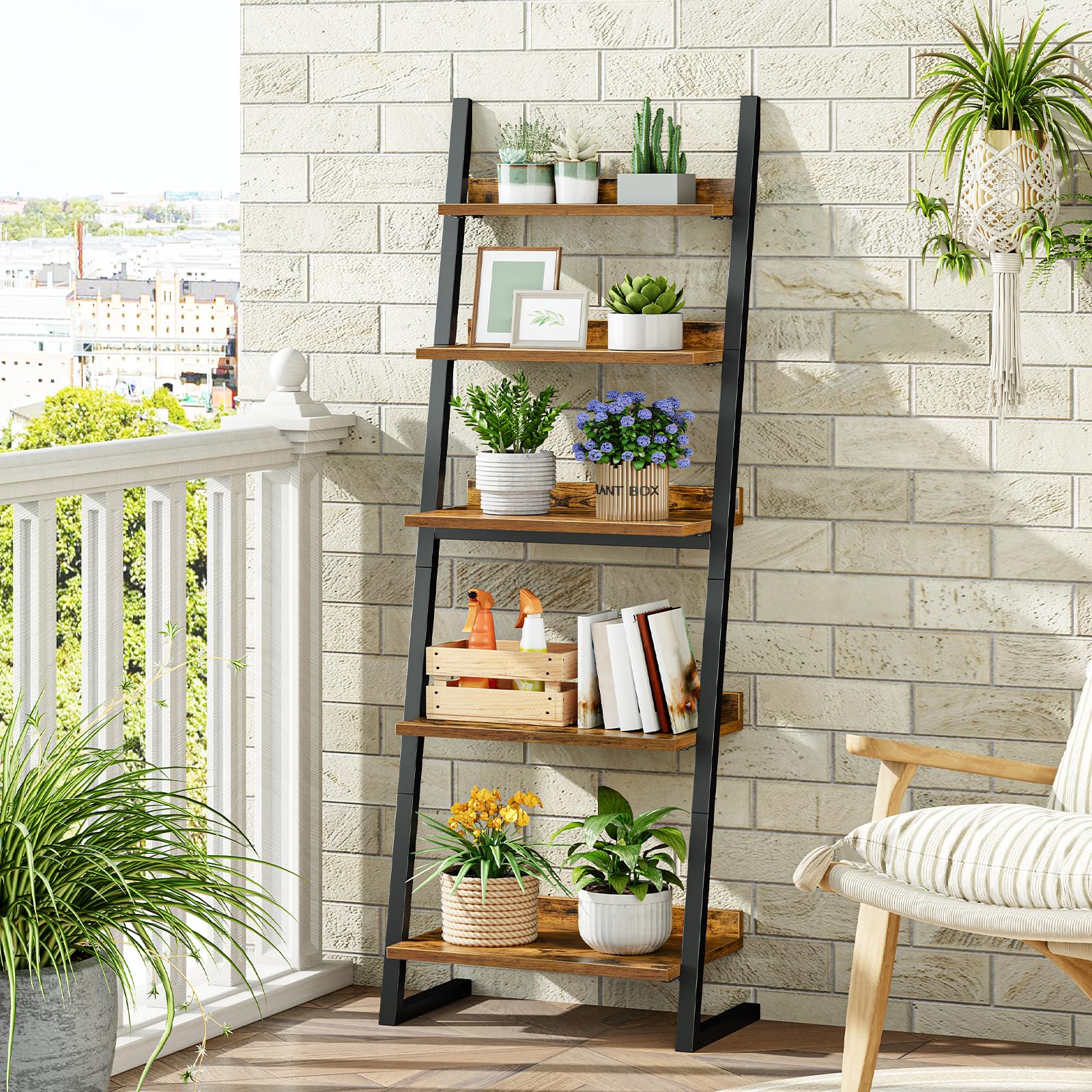 HOOBRO 5-stöckiges Schmales Regal, Bücherregal, Standregal, Leiterregal, kleines Eckregal, Lagerregal für Wohnzimmer, Arbeitszimmer, Balkon, Schlafzimmer, Vintagebraun und Schwarz EBF150CJ01