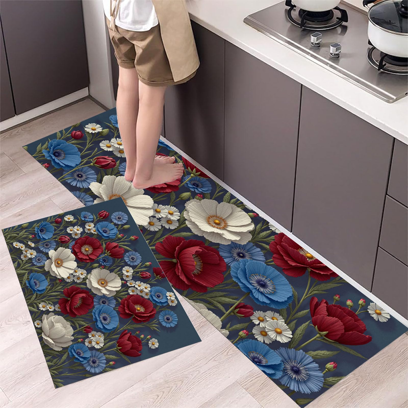 Alfombra de cocina antideslizante lavable y juego de tapetes florales para pasillo de 2 piezas