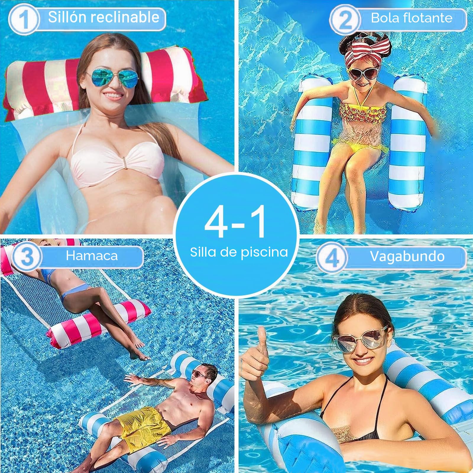 2 Piezas Hamaca Inflable para El Agua Colchoneta Piscina Hinchables Para Piscina 4 en 1 Hamaca Flotante Colchoneta Plegable Flotador Colchón de Natación Hamaca Silla Piscina Inflatable