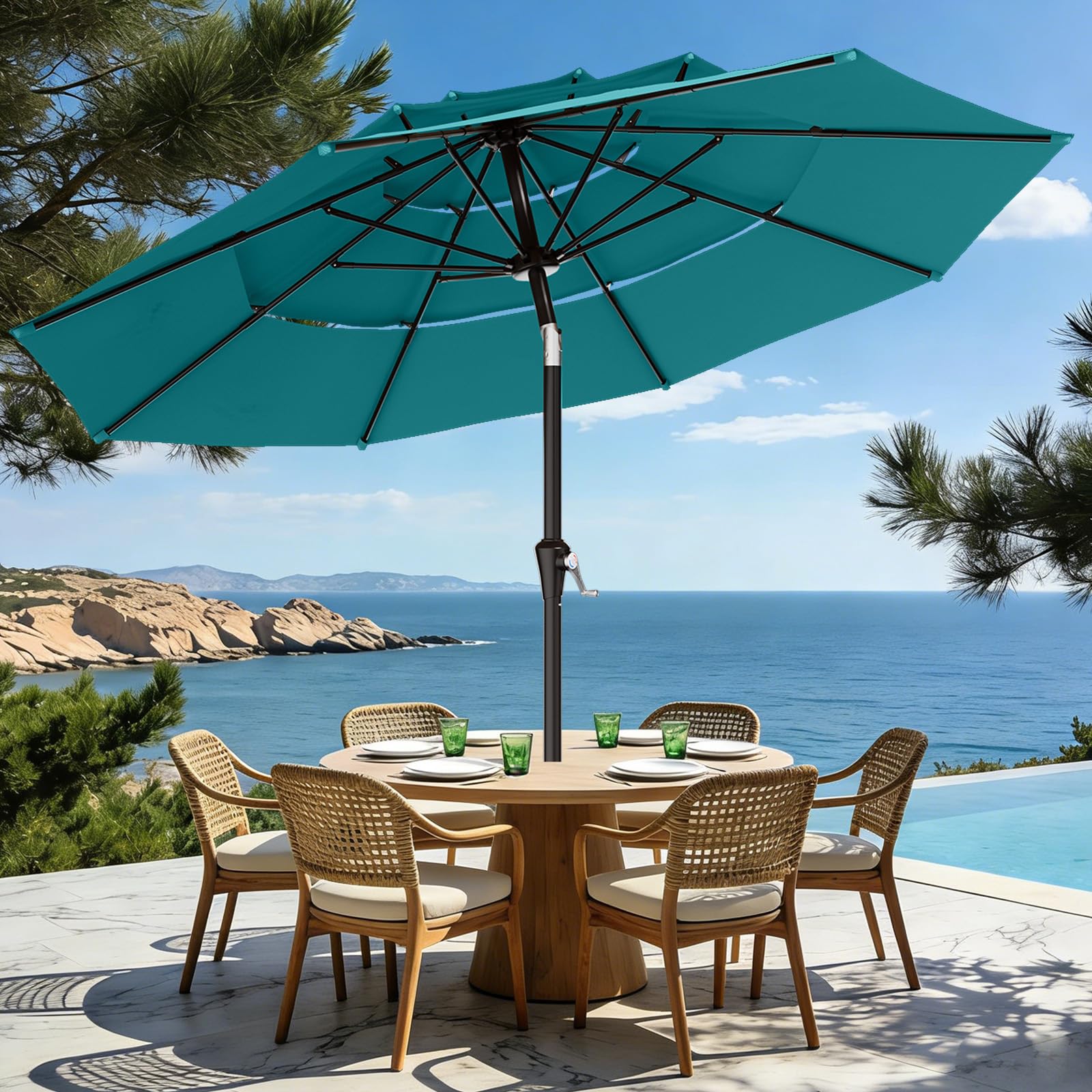 AreShark 9ft 3-Tier Patio Umbrellas, Outdoor Umbrella with 8 Sturdy Ribs UV Protection Windproof, Market Table Umbrella w/Push Button Tilt & Crank for Pool, Porch, Deck, Garden(Lake Blue) : Patio