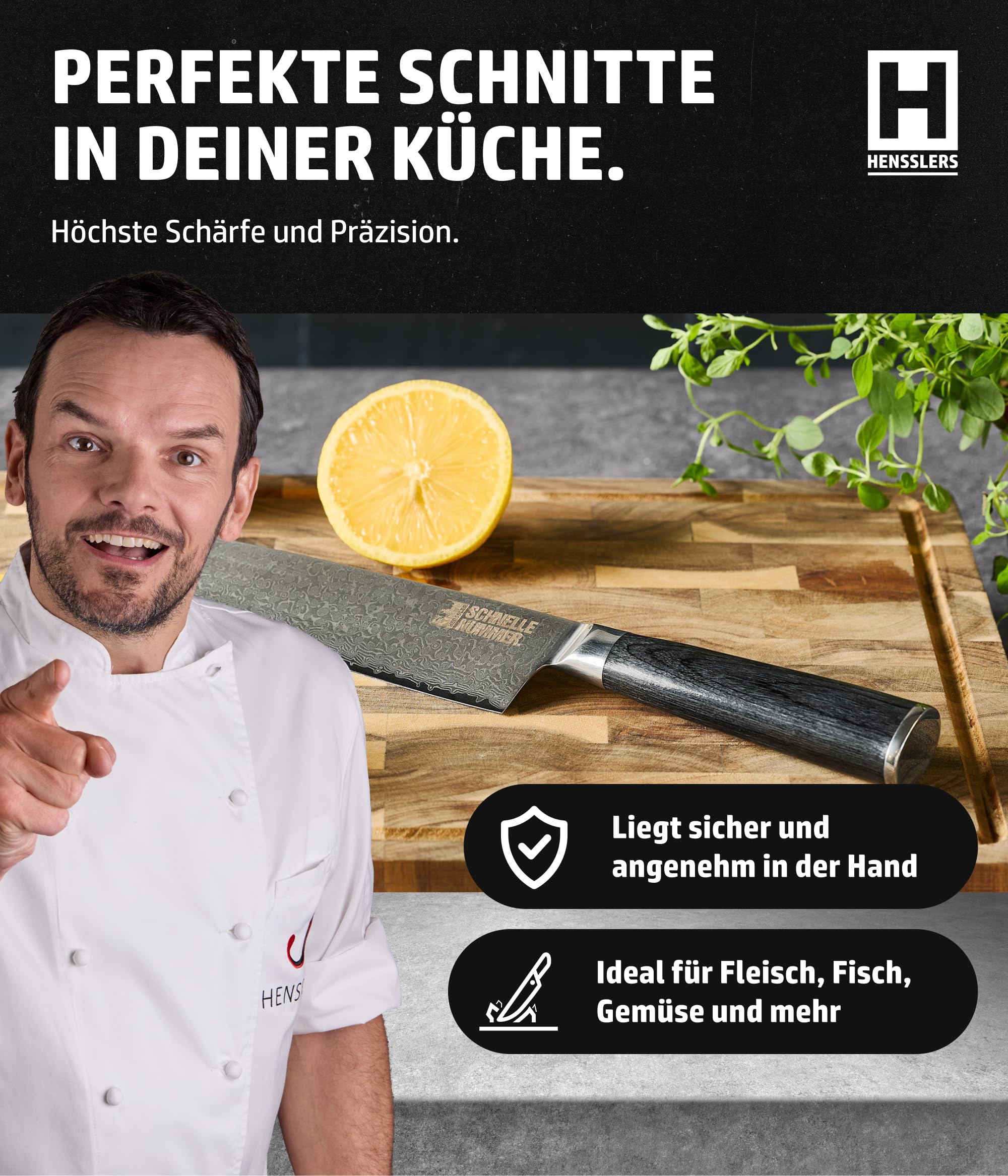 Hensslers Schnelle Nummer HENSSLERS Damast Messer, 33 Cm – Küchenmesser Mit Sehr Henssler Santoku