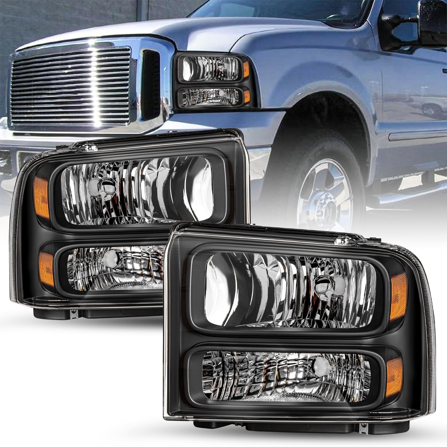 SOCKIR Headlight Assembly Compatible with 05 06 07 Ford F250 F350 F450 F550 Super Duty / 2005 Ford Excursion Driver and Passenger Side (Black Housing & Amber Reflector)