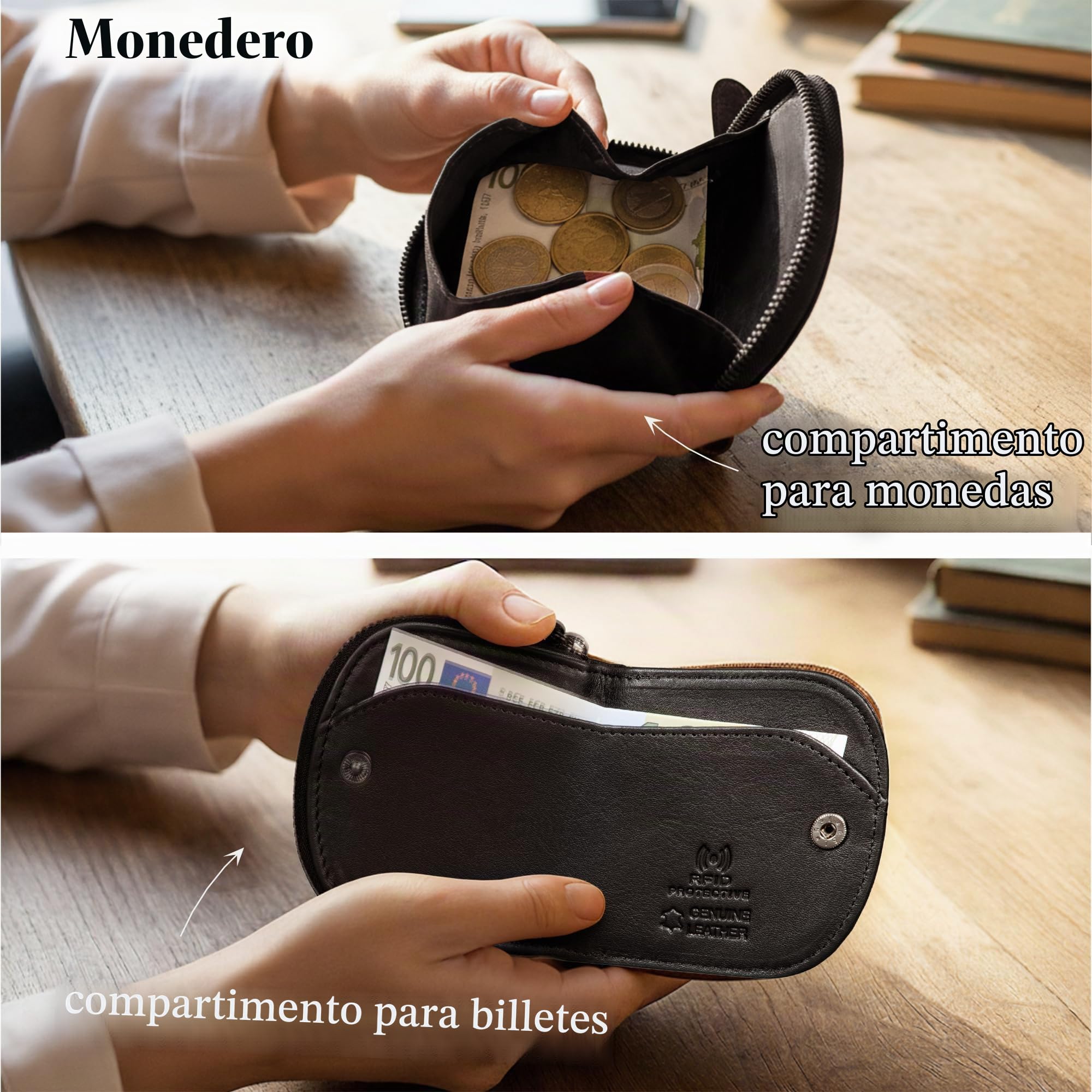 STILORD Dinero Monedero Hombre Pequeño Cuero Auténtico con Compartimento para Monedas y Billetes Carteras para Hombre Piel Compacta Billetera con Cremallera Color:Negro