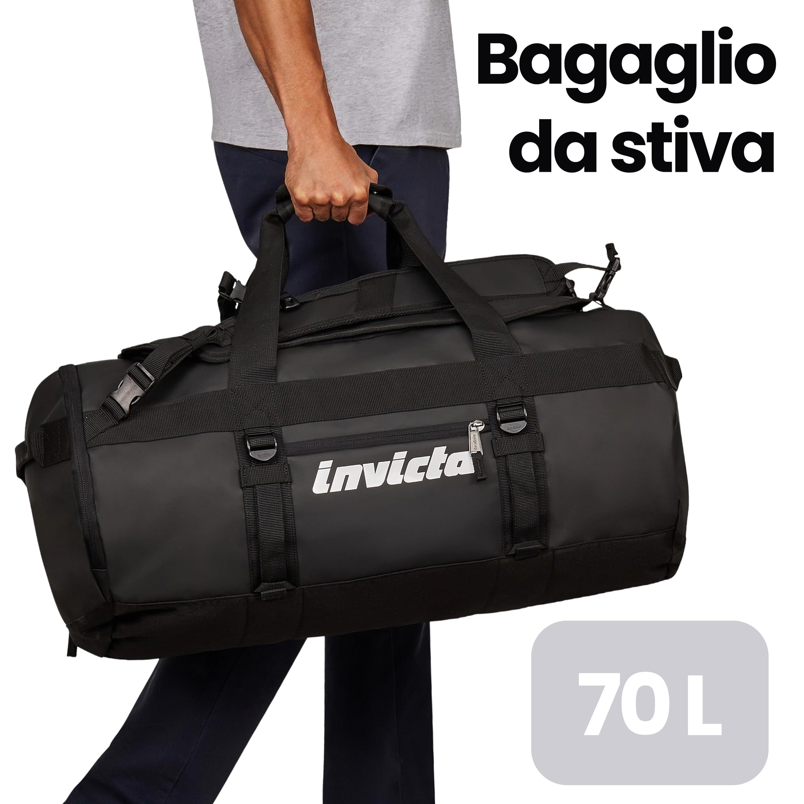 Invicta Zaino da Viaggio 70L – 62x35x35 cm, Nero, Borsone con Spallacci Amovibili, Fondo Rinforzato, Tasche Organizzate, Tasca Frontale e Laterale, Bagaglio Aereo Stiva, Uomo Donna