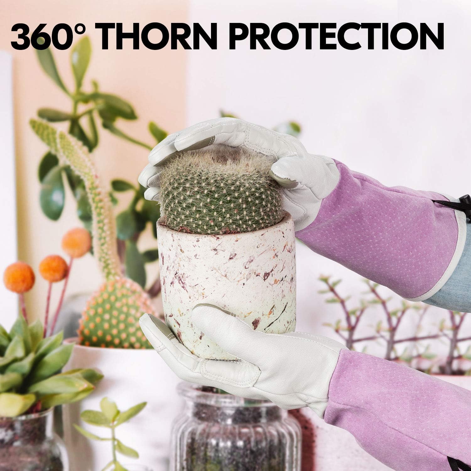 Vgo... 1-Pair Premium Genuine Goat Leather Extra-Long Cuff Thornproof Gardening Gloves (Size S, Pink White, GA1013)
