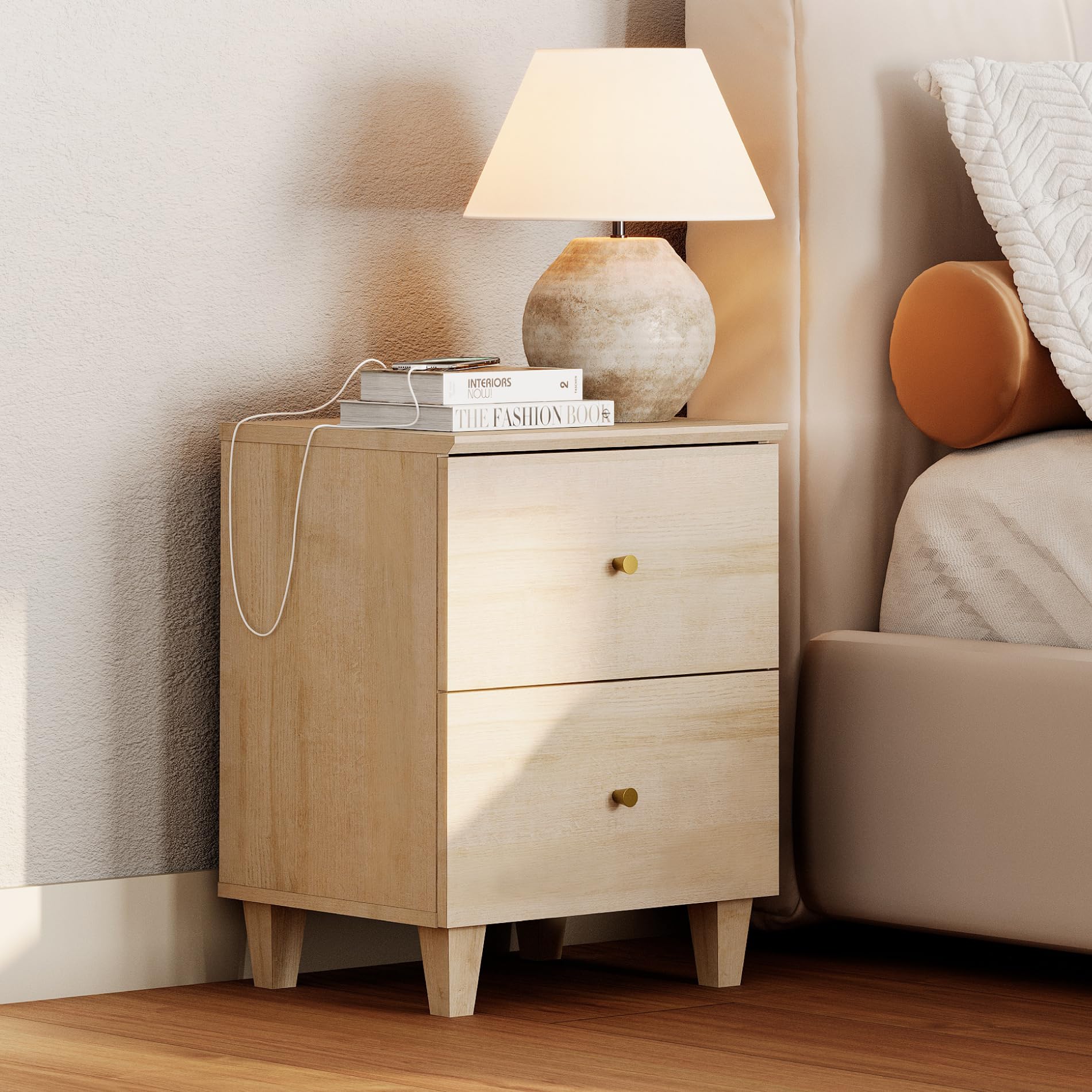 WAMPAT Nightstands with Charging Station&2 Sliding Storage Drawers, Modern Farmhouse End Tables Wood Bedside Table with 2 AC Outlets & USB Ports for