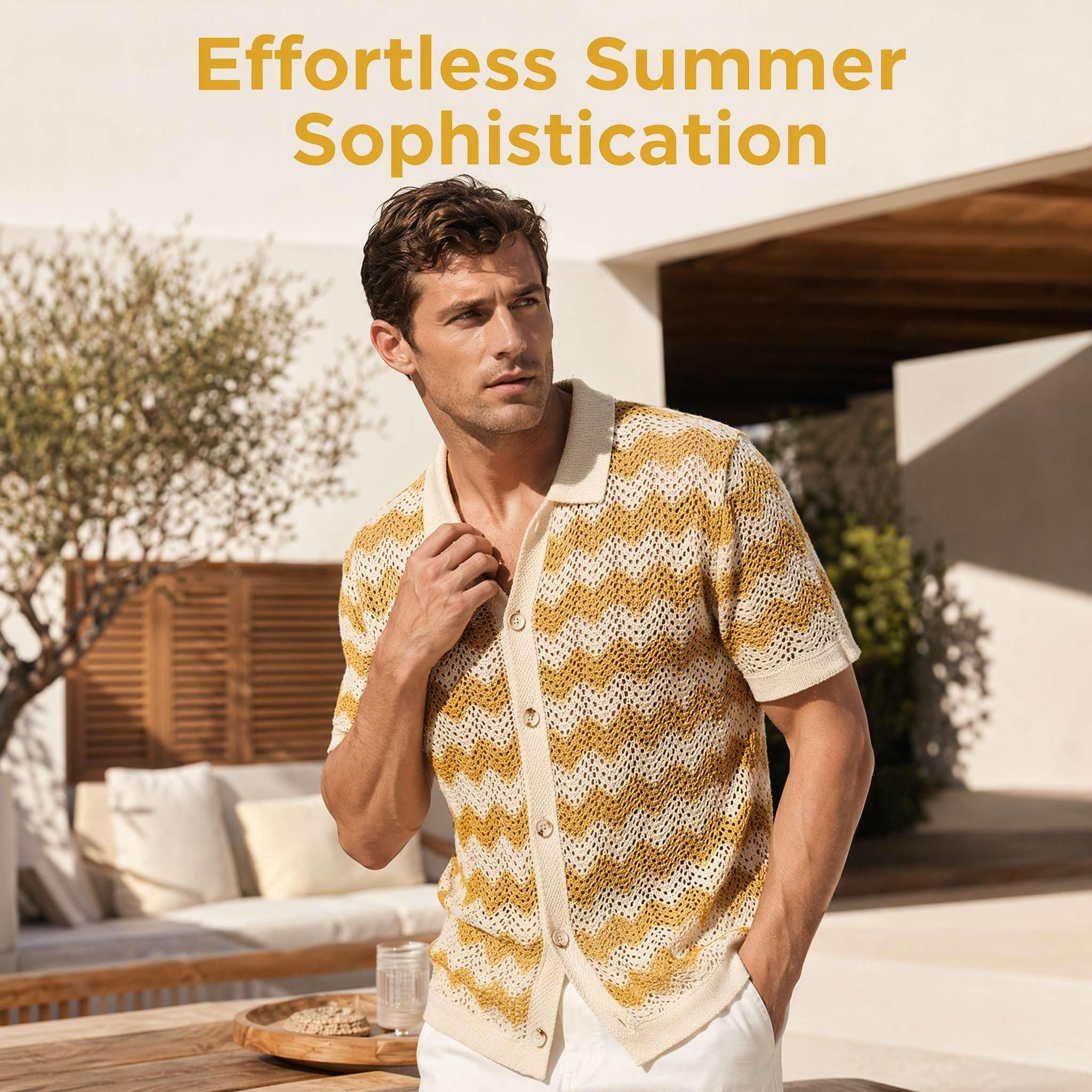 Chemise Polo Homme Tricotée Bohème Manches Courtes Casual Chic