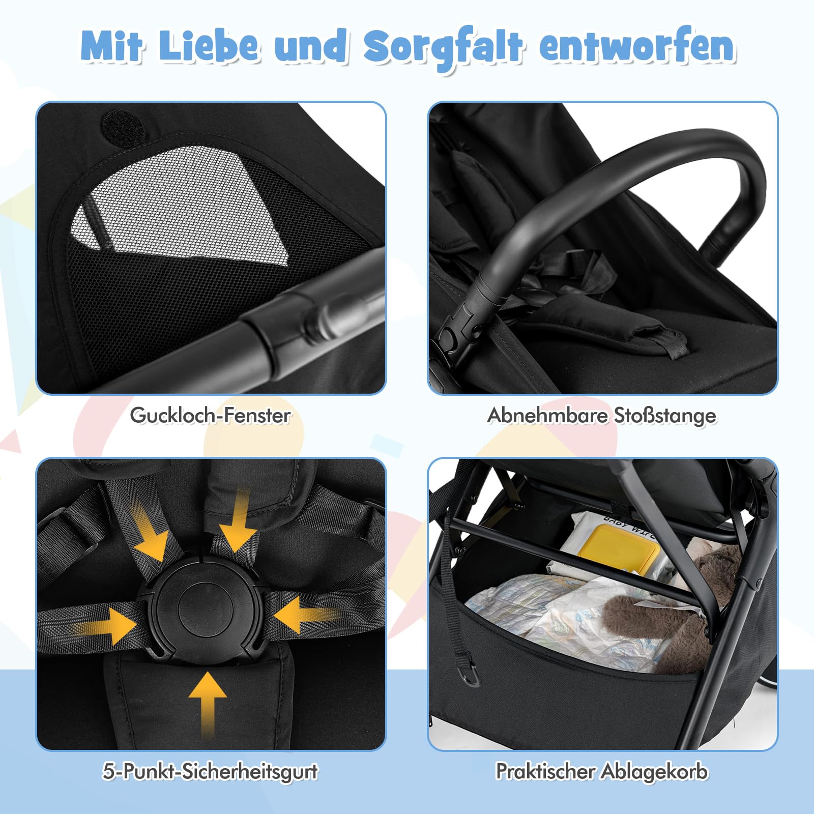COSTWAY Kinderwagen klappbar, Reisebuggy mit Liegefunktion, Kinderbuggy tragbar mit verstellbarer Rückenlehne, Verdeck & Fußstütze, Babywagen mit Sicherheitsgurt bis 15 kg Belastbar (Schwarz)