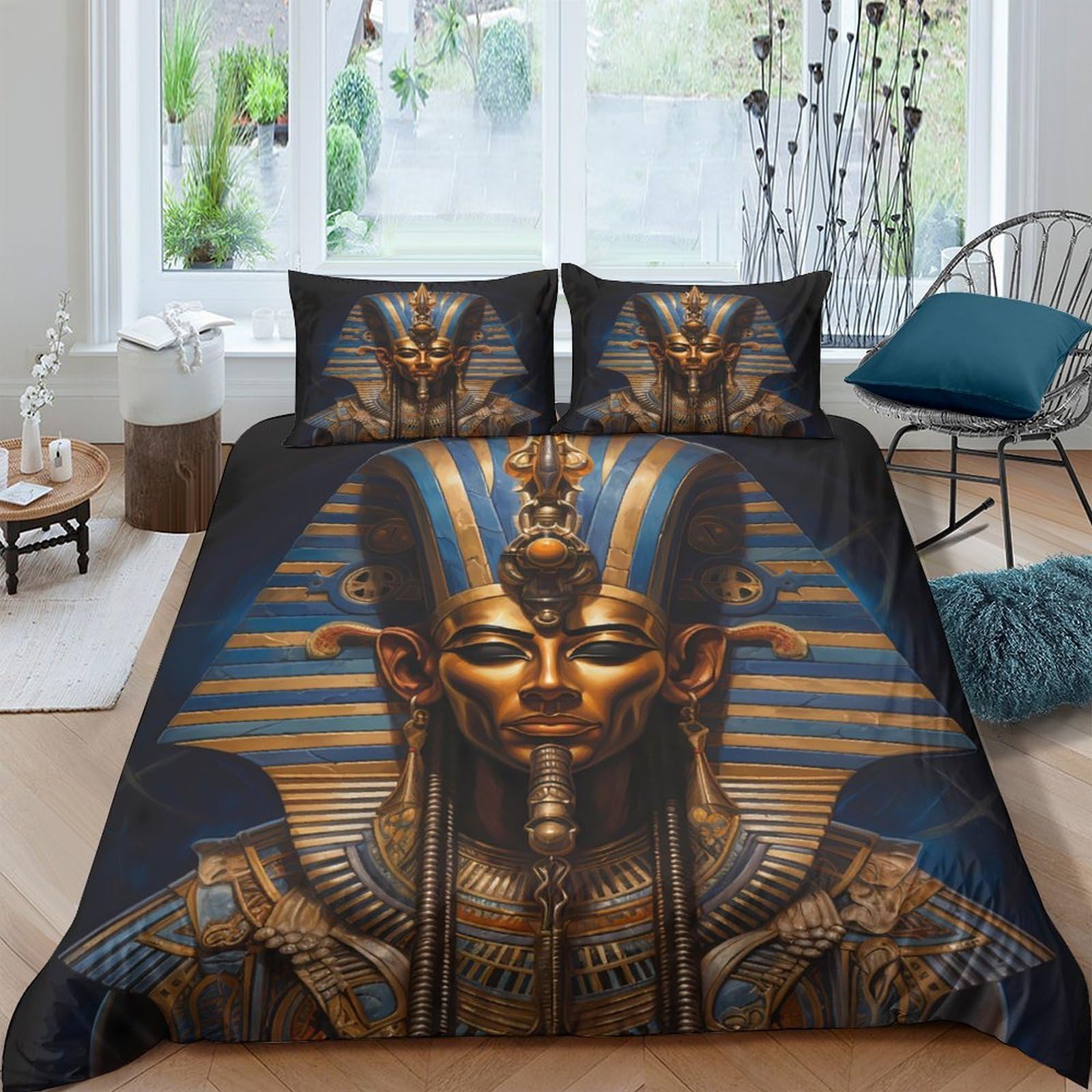 Ctjqhvkz Style-8 3D Printed Egyptian Pharaoh Fitted Sheet Microfiber Soft Gold Blue Ancient King Bed Cover Bedroom Decor Mattress Protector Single（135X200cm）