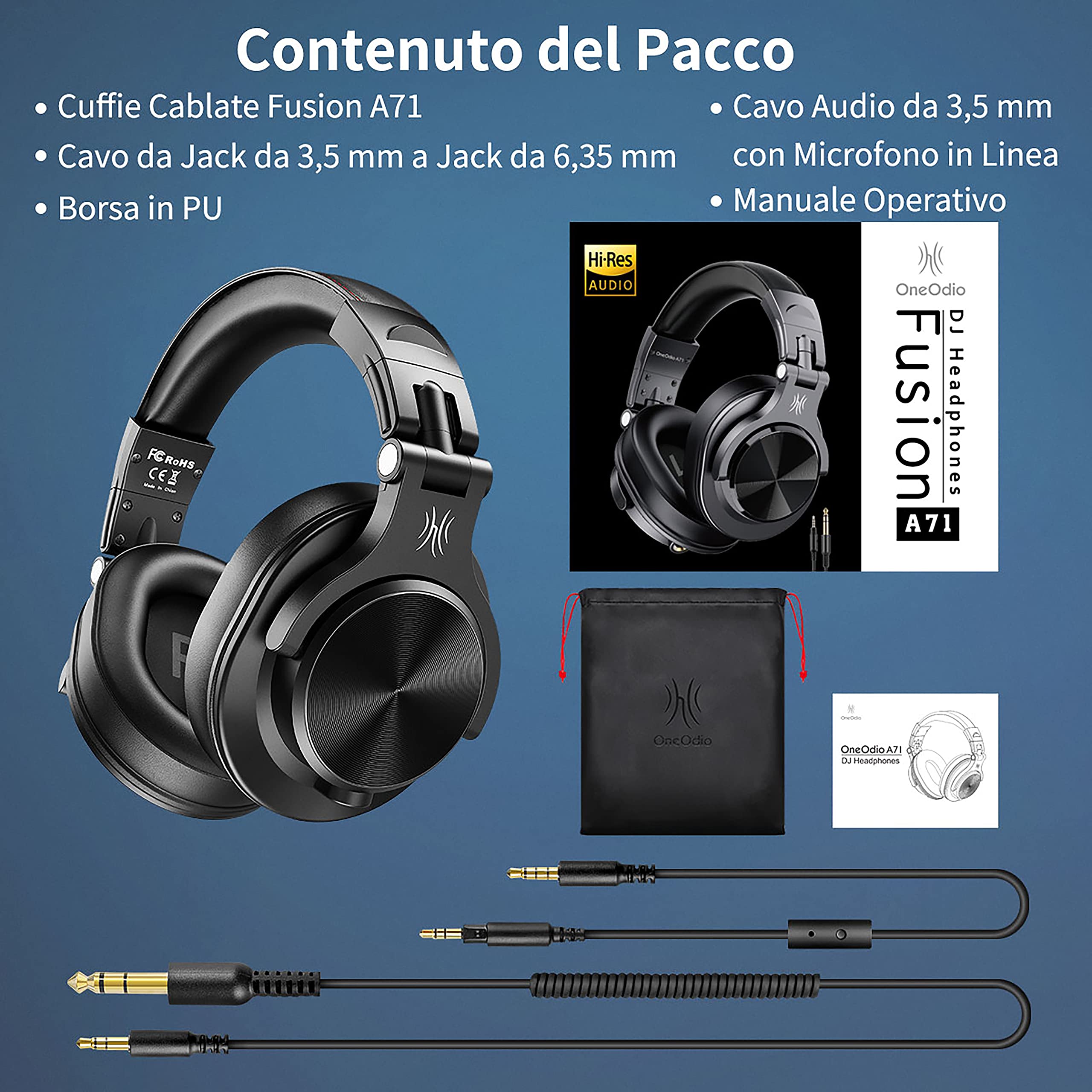 OneOdio A71 Hi-Res Cuffie Cablate Over Ear, Cuffie Musica con Audio Stereo e Shareport, Jack da 3,5 mm e 6,35 mm, Studio Registrazione, Monitoraggio Professionale e Mixaggio Cuffie Pieghevoli, Nero