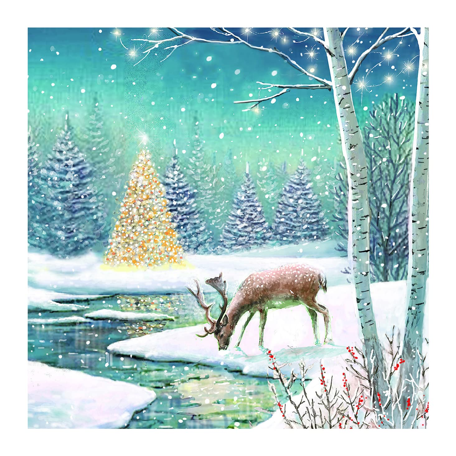 GBCC Ling Design Box of 20 Artistic Charity Christmas Cards, 'Deer Scene', Winter Forest With Christmas Tree & Deer