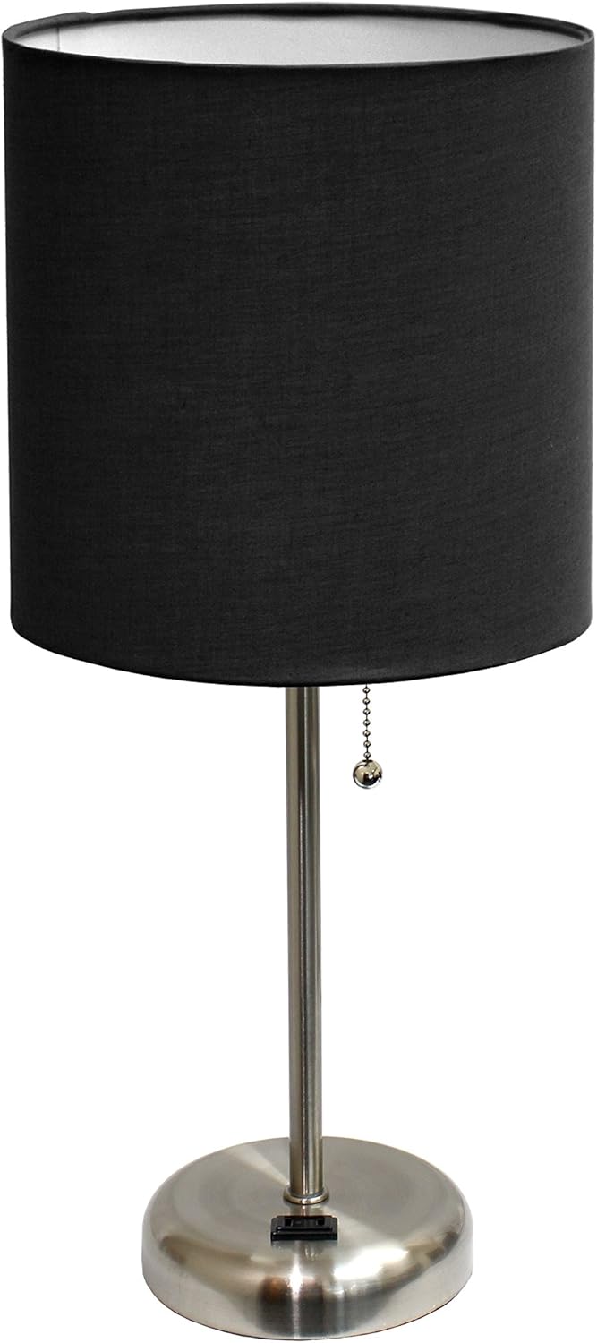 LimeLights LT2024-BLK Brushed Steel Stick Table Desk Lamp with Charging Outlet and Drum Fabric Shade, Black Black 1