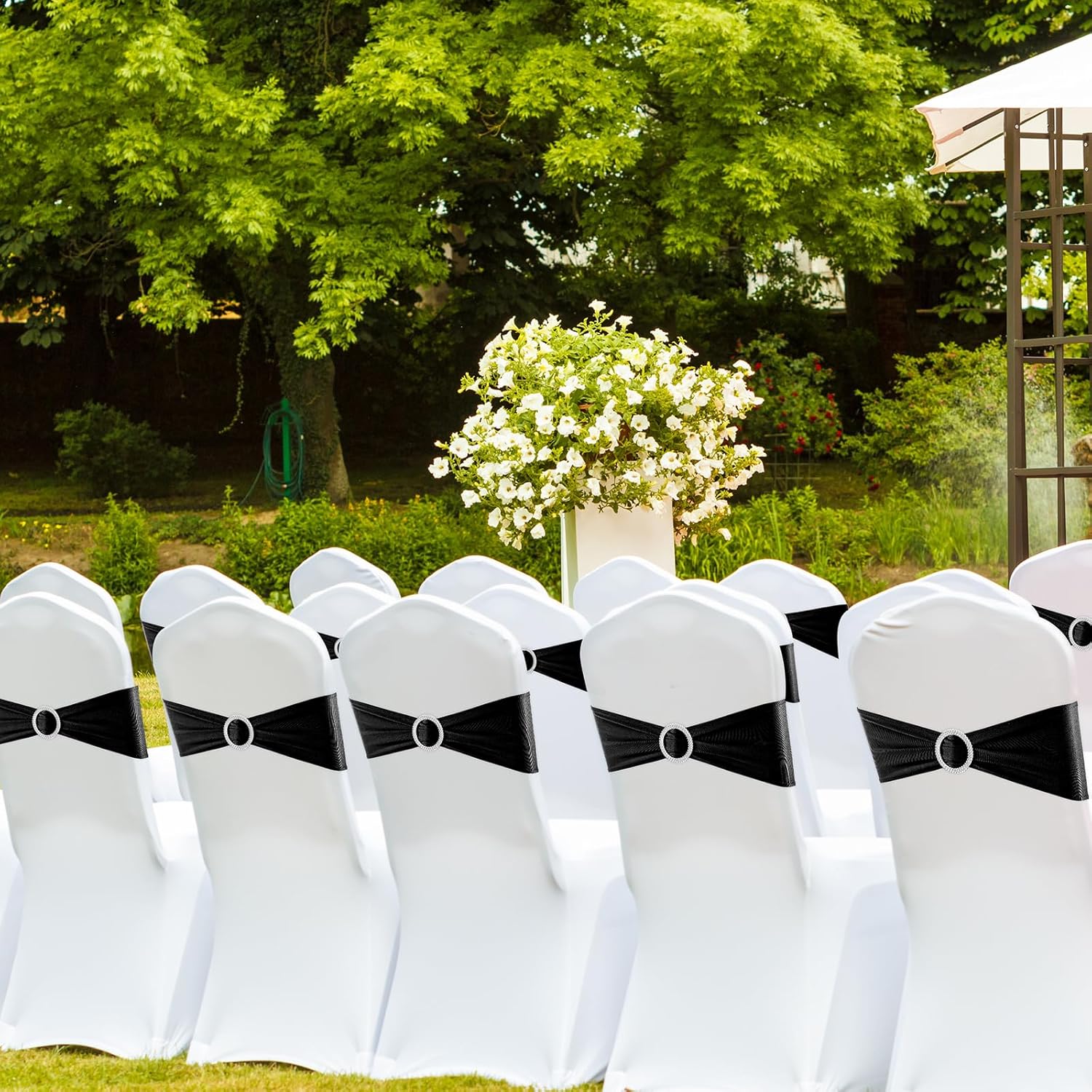 Black Chair Sashes 100 Pack Spandex Stretch Chair Band Sashes with Buckles for Folding Chairs Wedding Party Reception Baby Shower Events Banquet Decorations