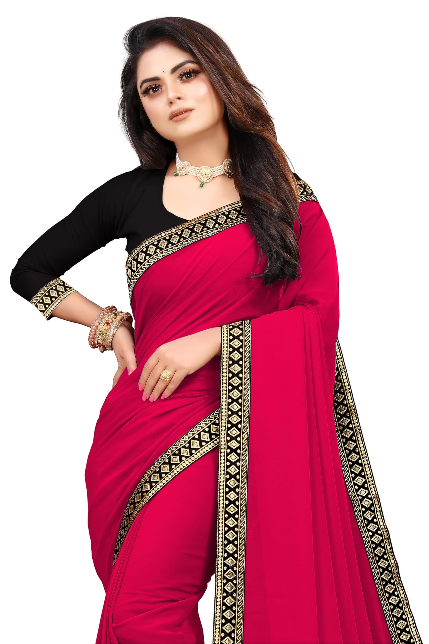 SUKETASolid Square Dot Design Lace Border Soft Georgette Saree With Cotton Blouse