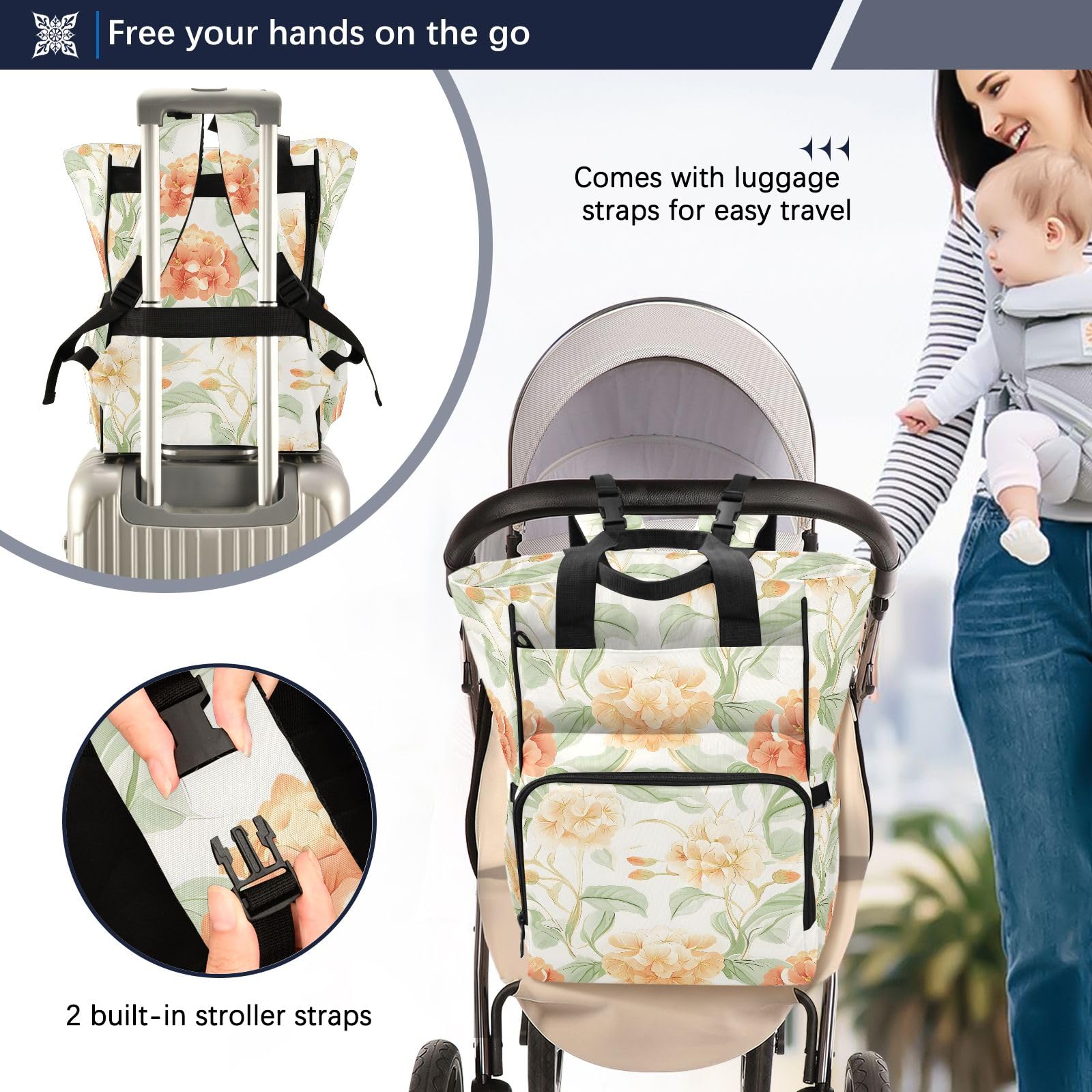Mnsruu Borsa per pannolini per bambini, con motivo floreale rosso, grande, impermeabile, da viaggio, per mamme e papà