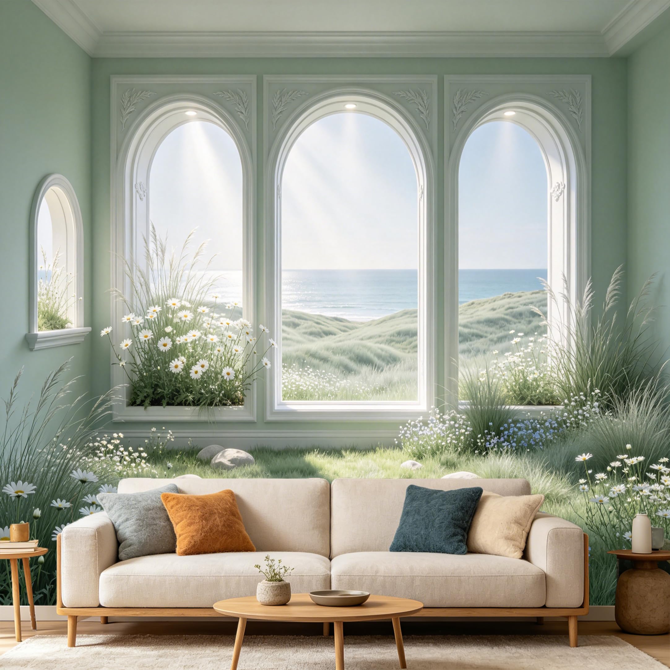 Custom Size Wall Mural， 3D Window View Coastal Ocean Landscape Wildflower Meadow， SelfAdhesive Art Prints wall Fabric Removable Large Wallpaper Home Living Room Decor