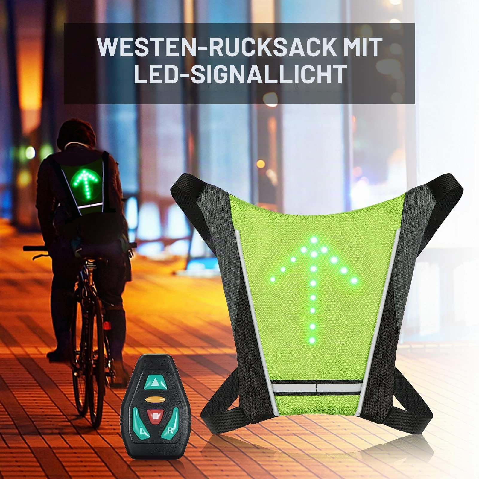 Lixada Reflektierende Fahrrad-Rucksackweste mit LED, Signal bei Richtungsänderung, wiederaufladbar über USB, Fernbedienung, für Radfahren, Spazierengehen