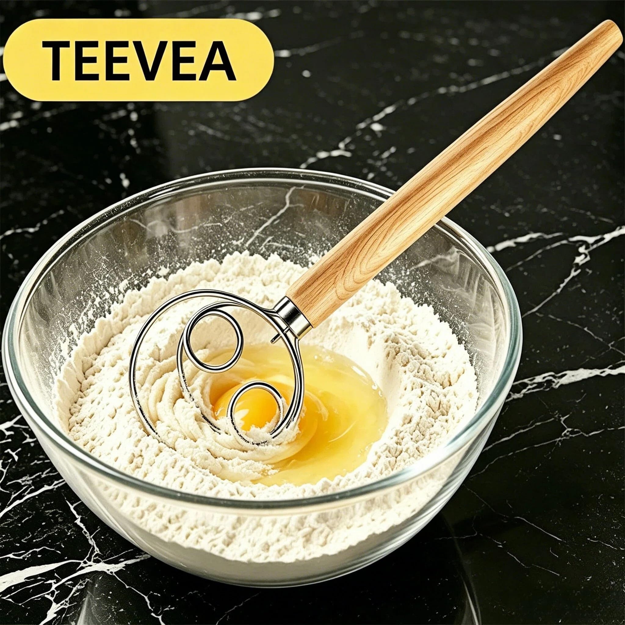 TEEVEA Danish Dough Whisk Stainless Steel Wooden Handle for Sourdough Bread Product Image 3