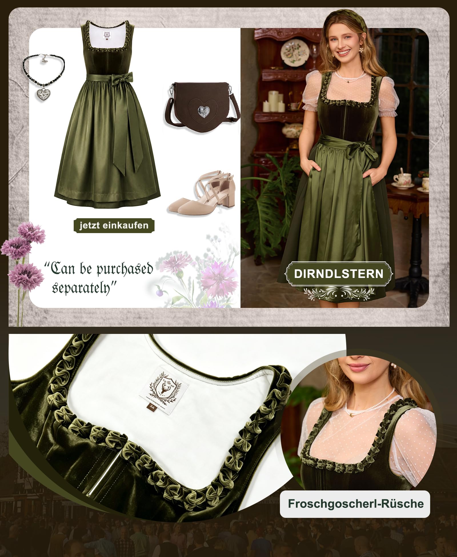 DIRNDLSTERN Damen Dirndlkleid Grün - Trachtenkleid Midi Smat Trachtenrock für Oktoberfest Volksfest