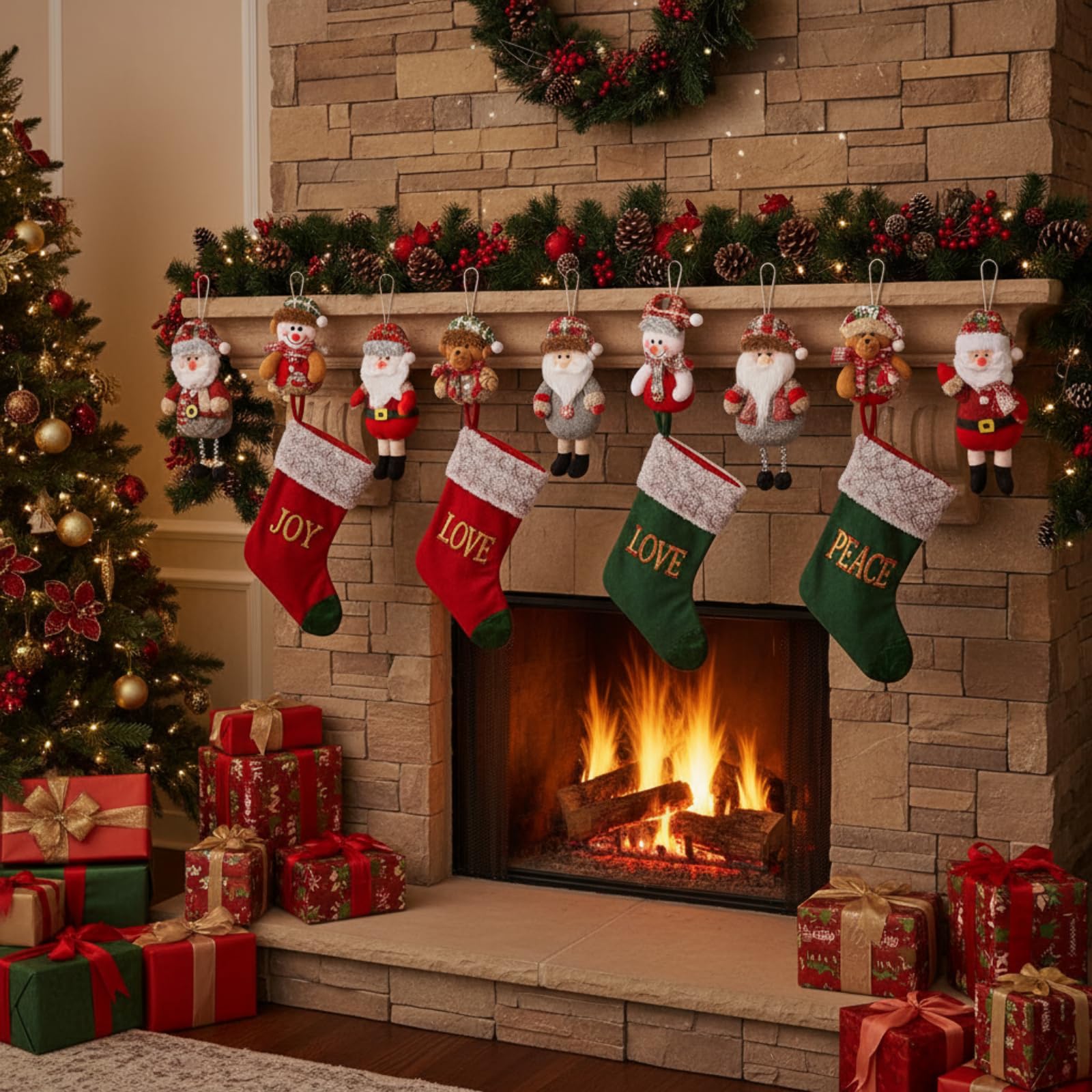 Suzile 100 adornos de felpa para árbol de Navidad, oso de Papá Noel, muñeco de nieve, decoraciones de Navidad, colgante tradicional de árbol colgante de Navidad, adornos de muñeca rústica para
