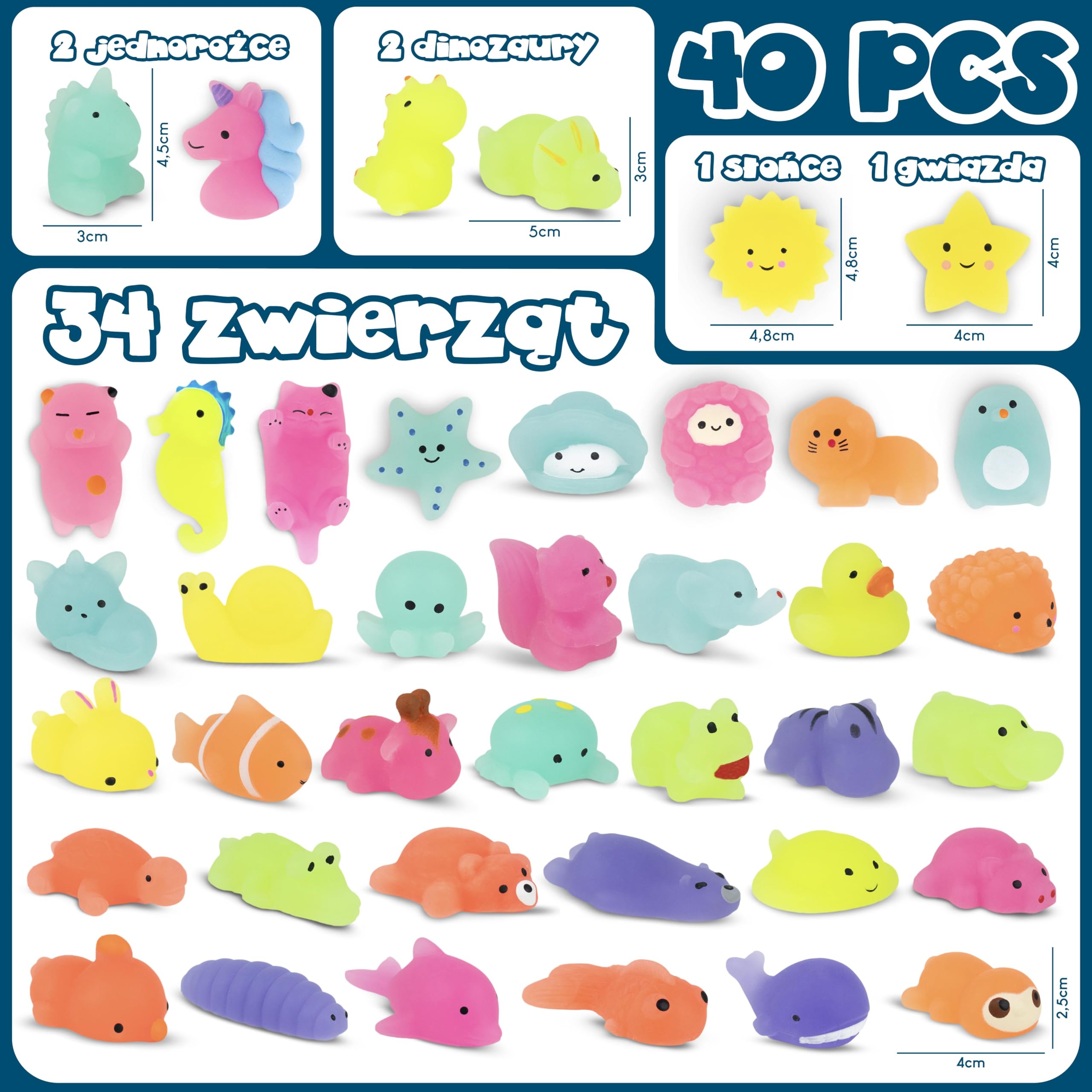 BONNYCO Zabawki Mochi Squishy do Toreb na Prezenty Pakiet 40. Upominki na Przyjęcia Świecą w Ciemności, Wypełniacze Torebek dla Dzieci Unisex. Zabawki Squishy Fidget, Wypełniacz Piniaty Kawaii