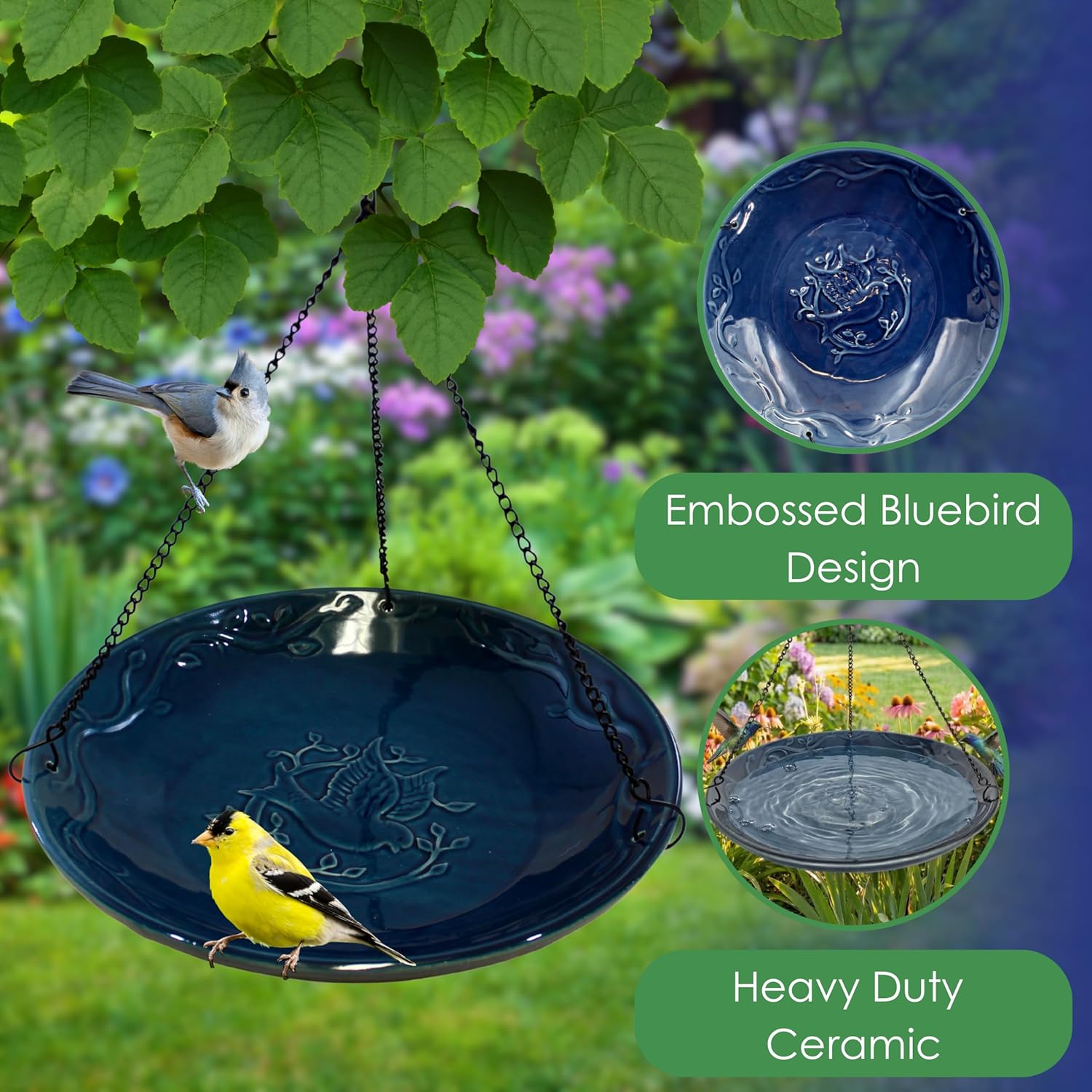 Blue Ceramic Hanging Birdbath, Metal Chain Hanger, Bluebird Bird Bath