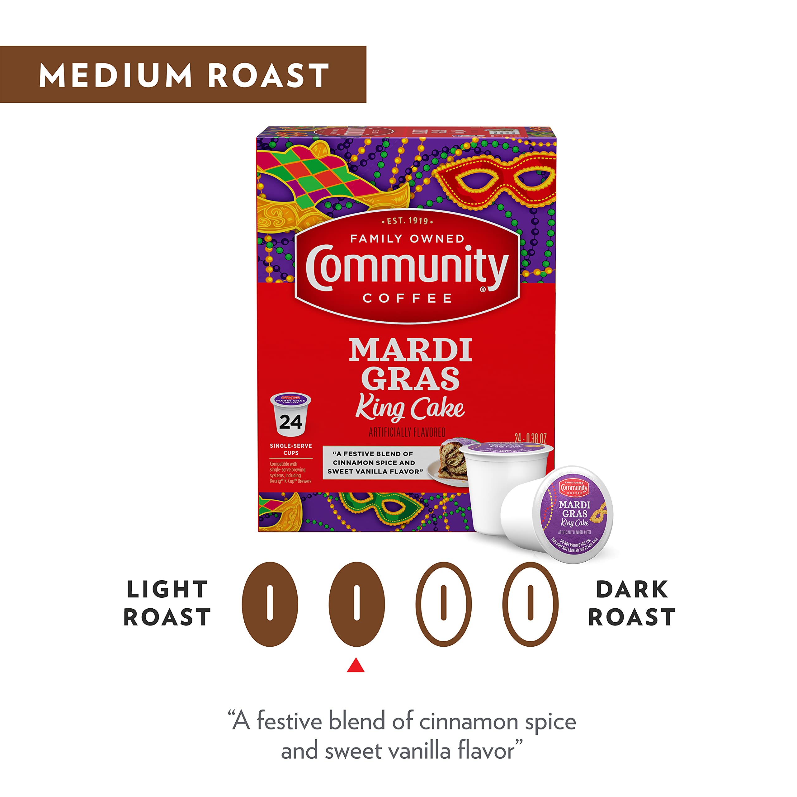 Community Coffee Mardi Gras King Cake o smaku 36 kapsułek do kawy, średnia palona, kompatybilna z zaparzaczem Keurig 2.0 K, 12 szt. (3 sztuki)