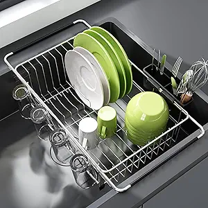 JASIWAY Dish Drying Rack in Sink, Expandable Stainless Steel Dish Drainers for Kitchen Counter, Dish Dryer Rack for Inside Sink, Over The Sink Dish Racks with Utensil Holder, Silver