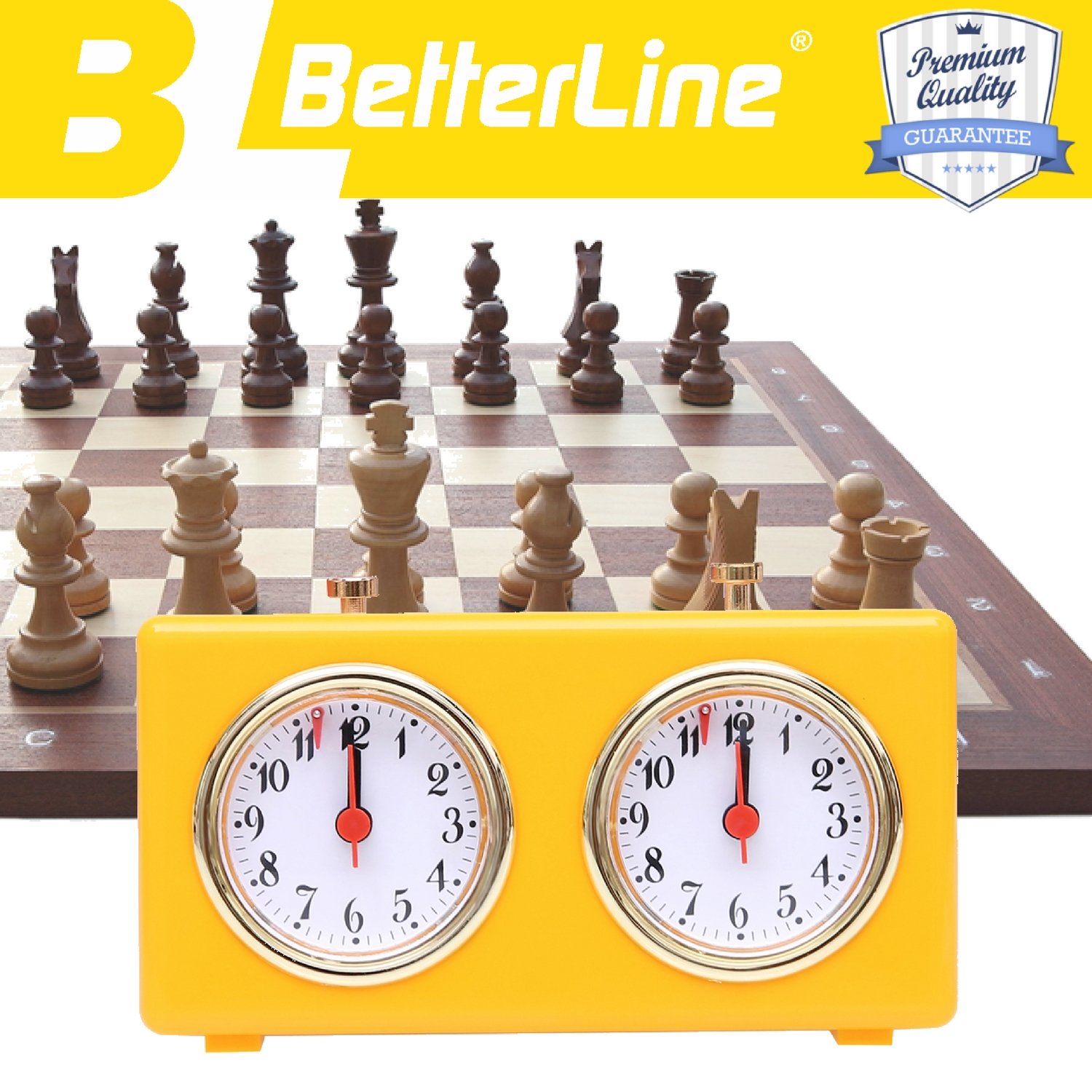 BETTERLINE Minuterie d'horloge d'échecs analogique rétro - Horloge d'échecs mécanique à remontage avec de Grands Cadrans faciles à Lire, sans Pile (Jaune)