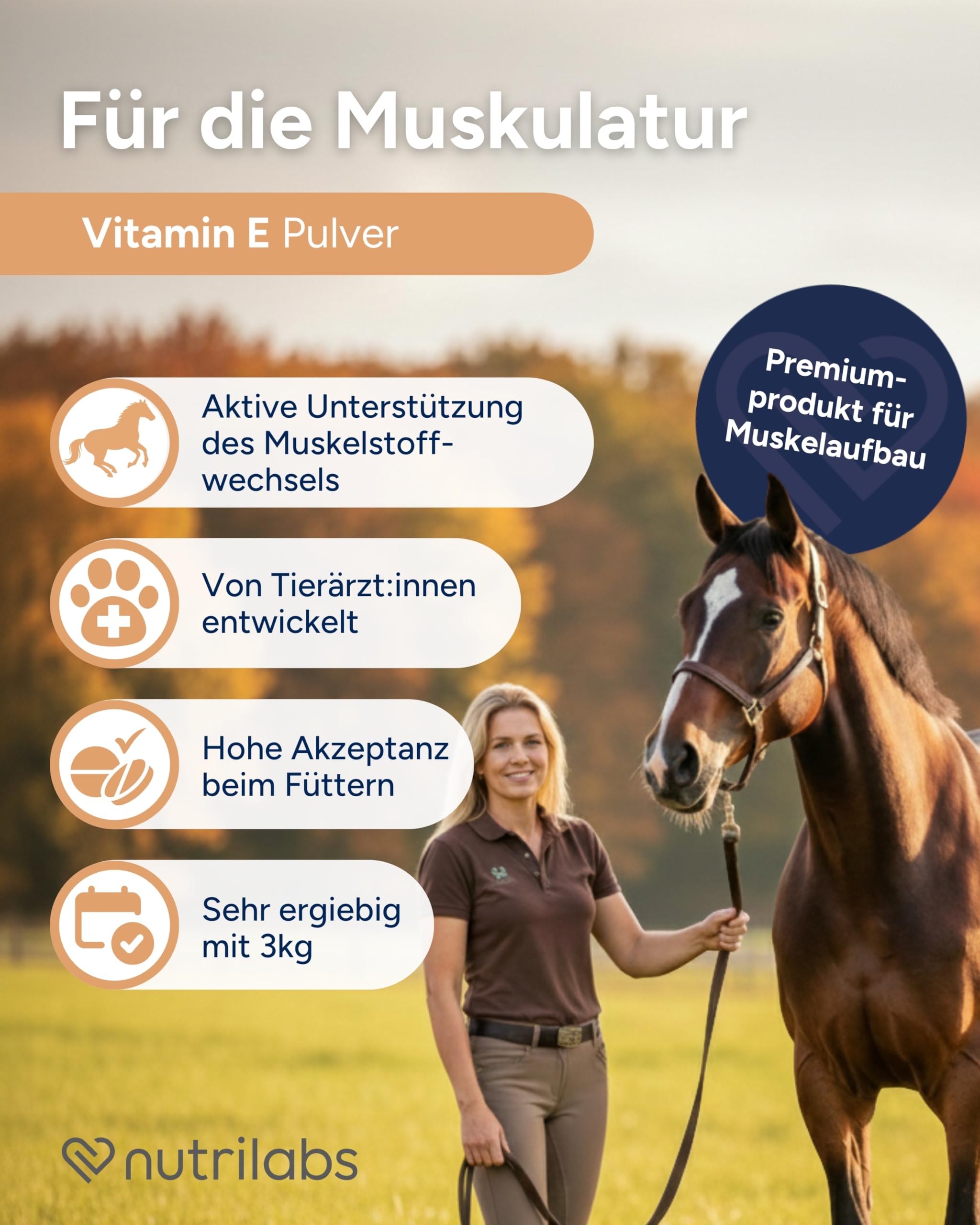 NutriLabs Vitamin E, Selen & Lysin Pulver für Sportpferde 3 kg - Pferdezusatzfutter - Selen für Pferde - Vitamin E Pferd - Sportpferde Nahrungsergänzung - Vitalstoffe für Sportpferde