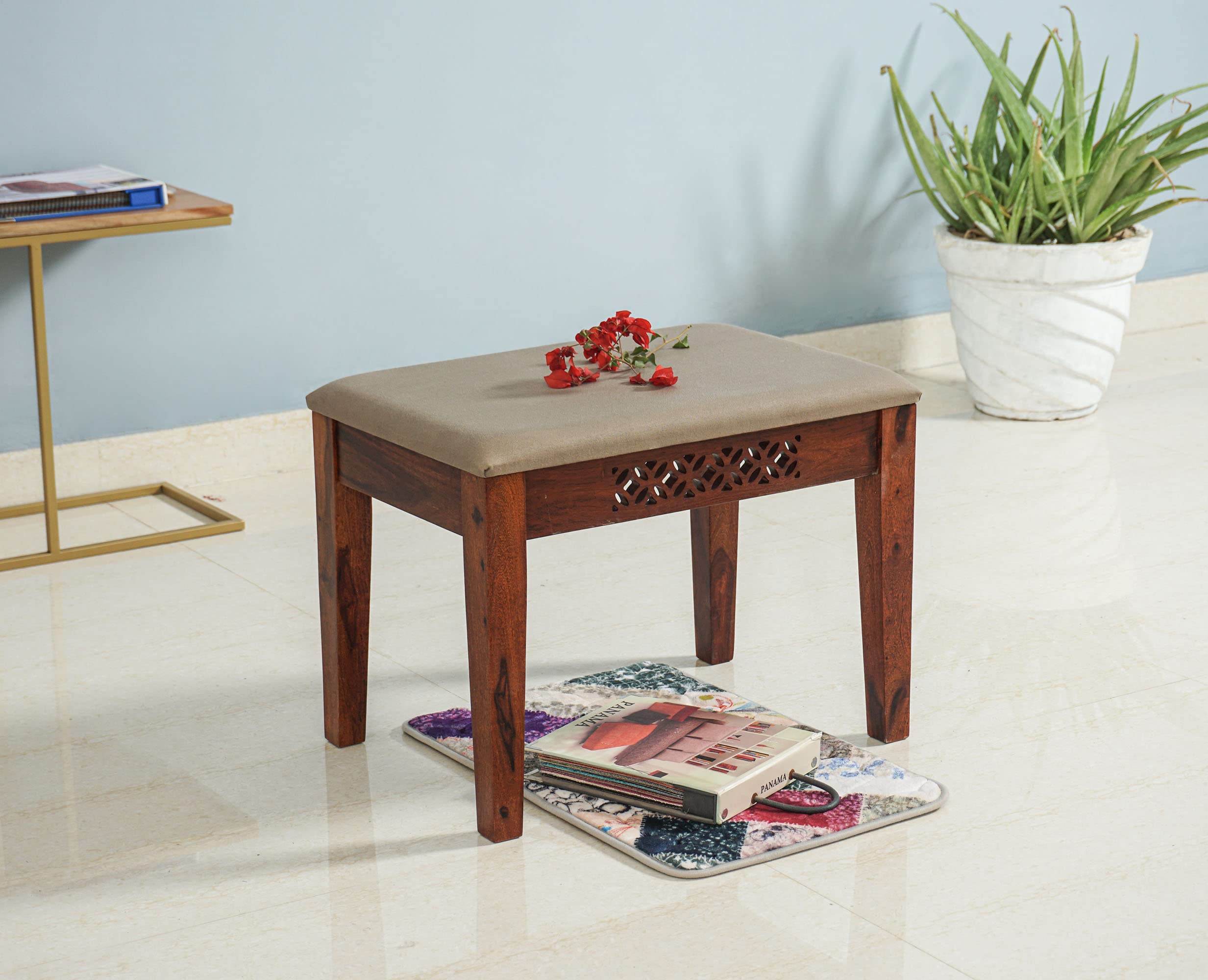 WOODEFLY Wooden 1 Seater Bench for Living Room, Dining Table, Study | Adjustable Cushion Sheesham Bench for Drawing Room in Honey Finish