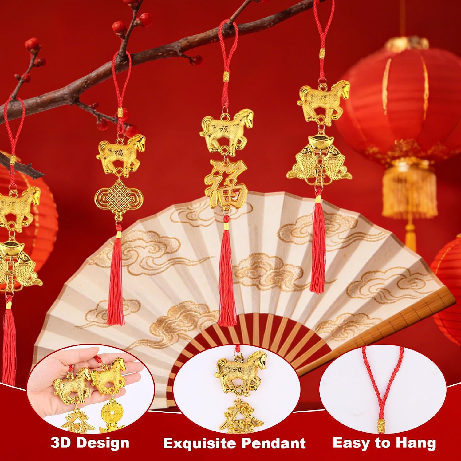 24pcs Year of The Horse 2026 Charm, Chinese New Year Lucky Pendant Decorative Hanging Tassels Ornaments for Wealth Success Home Kitchen Bonsai Tree Car Decor