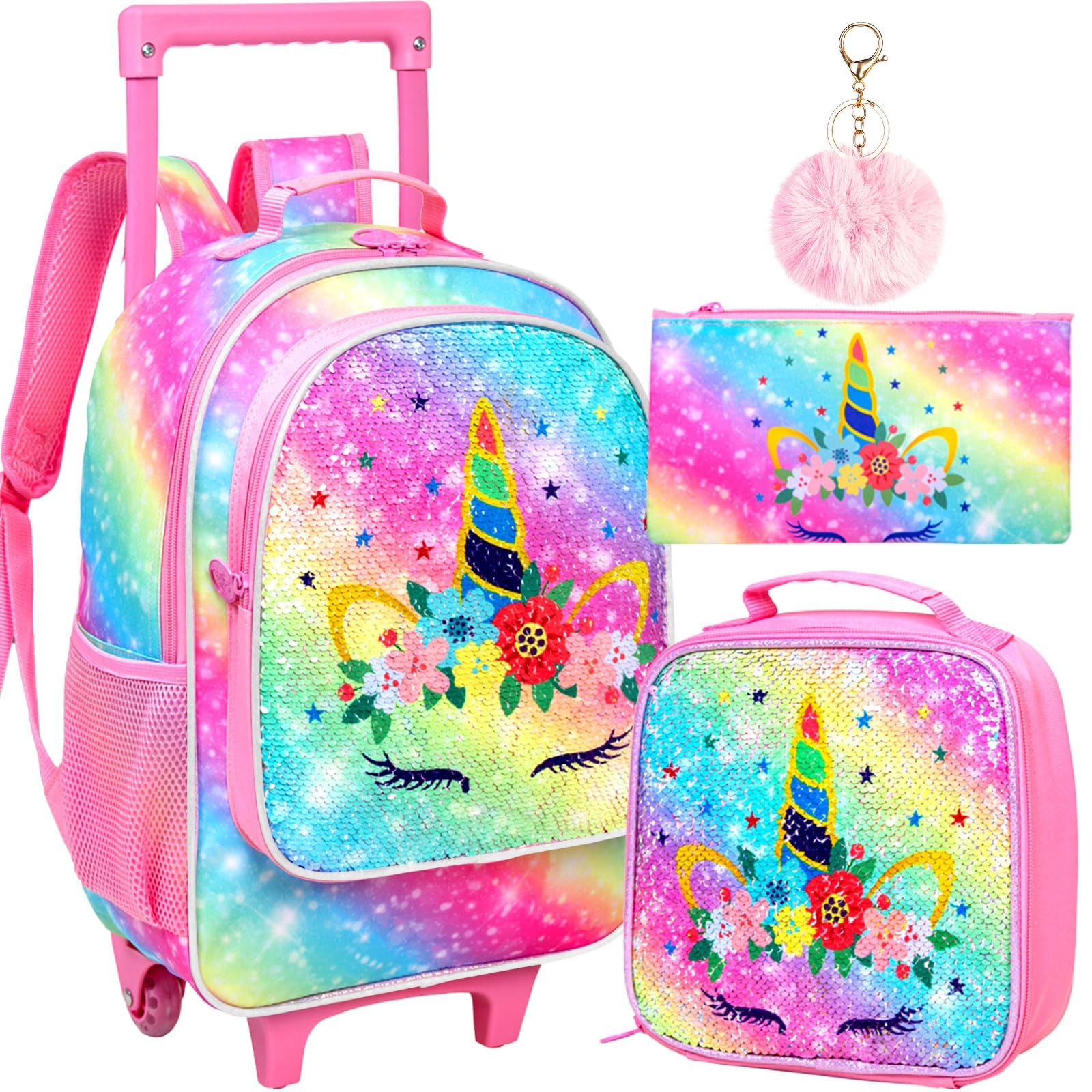 CCJPX 3PCS Kids Rolling Backpack for Girls, Unicorn Sequin Roller Wheeled Bookbag Toddler Elementary School Bag with Wheels