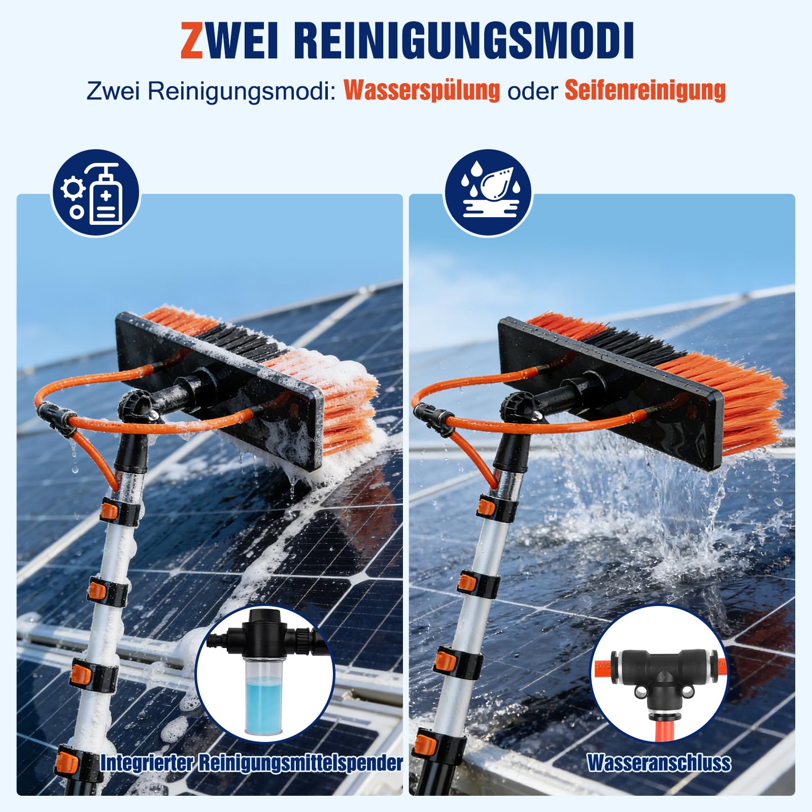 5,5 m Teleskop Waschbürste mit Wasseranschluss, Teleskopstange Reinigungsset mit 180° Bürstenkopf & Seifenspender, Waschbürste mit Teleskopstiel für PV-Anlage, Wintergarten, Terrassendach, Fenster | 5,5 m Teleskop Waschbürste mit Wasseranschluss, Teleskop