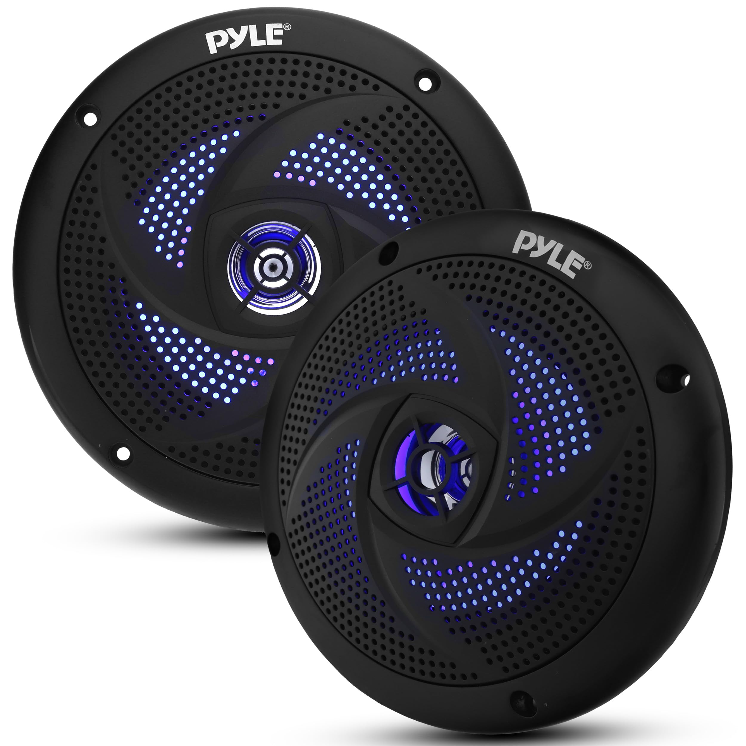 Pyle Waterproof Marine Speakers, 6.5 Inch Low-Profile Slim Mount 240 Watt Speaker Pair with Built-in Blue LED Lights, Weather-Resistant, ABS Grille, Ideal Waterproof Speaker for Boats & Powersports
