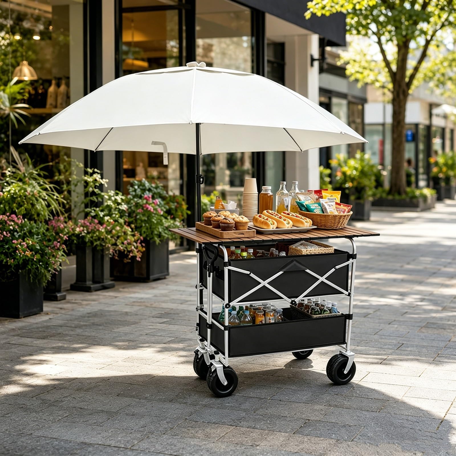 HARELA Genérico Puesto de Mercado con Toldo, Móvil de Venta Ambulante de Comida,Amplia encimera, Ruedas en la Parte Inferior para Puestos Callejeros, Ferias De Artesanía(Black)