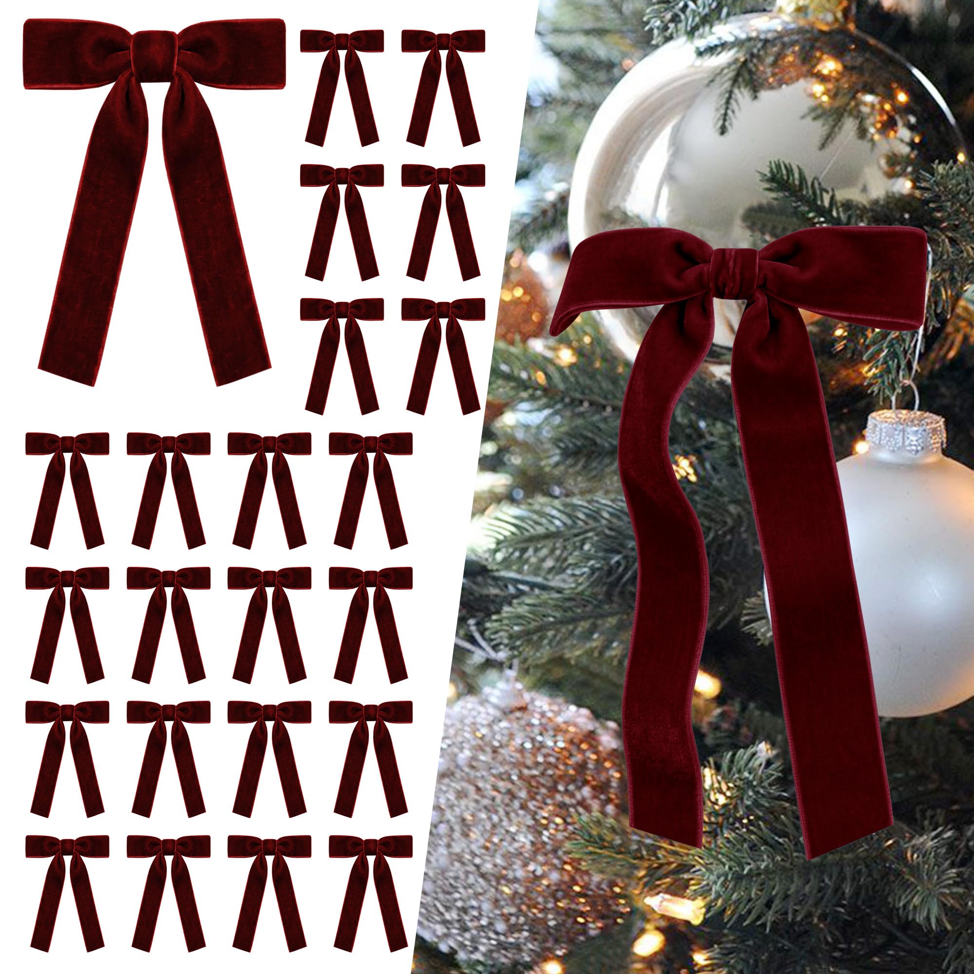 SIMISI RIBBON 24Pcs Christmas Velvet Ribbon Bows Decorations for Tree