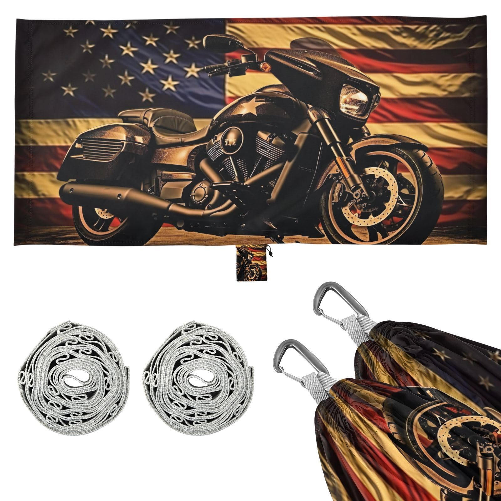 SDMKA Vintage Motorcycle Flag Camping Hammock, 330 lbs with 2 Tree Straps, Carry Bag, Single Portable Hammock for Outdoor/Indoor, Hiking, Beach, Backpacking, Travel