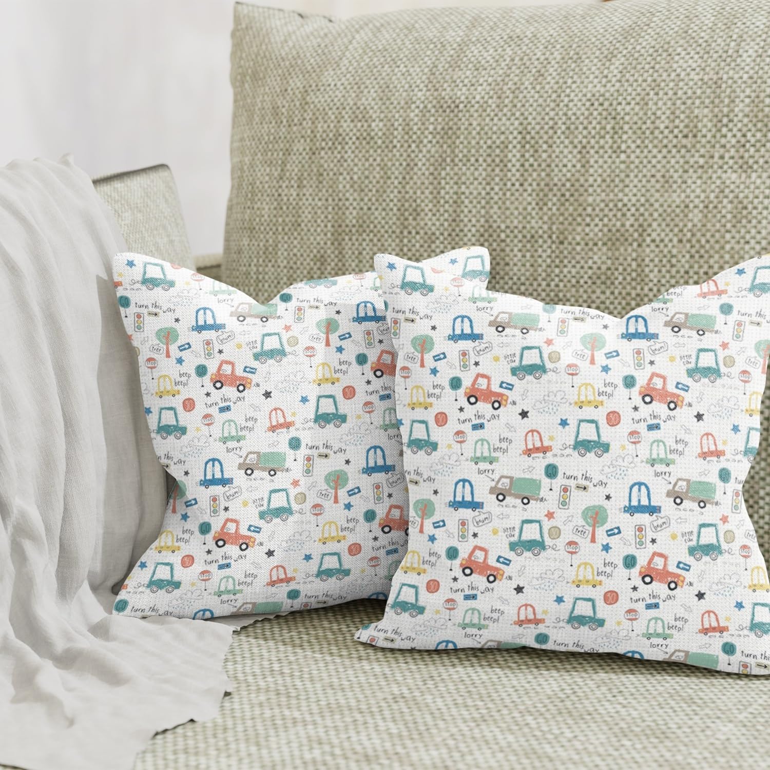 ggaimwf Kids Cushion Covers Little Car Vehicle Transportation Cartoon Linen Look Square Pillowcase for Children's Room Playroom Nursery Sofa Bed Double Sided Cushion Covers 45x45cm Set of 2 - Image 2