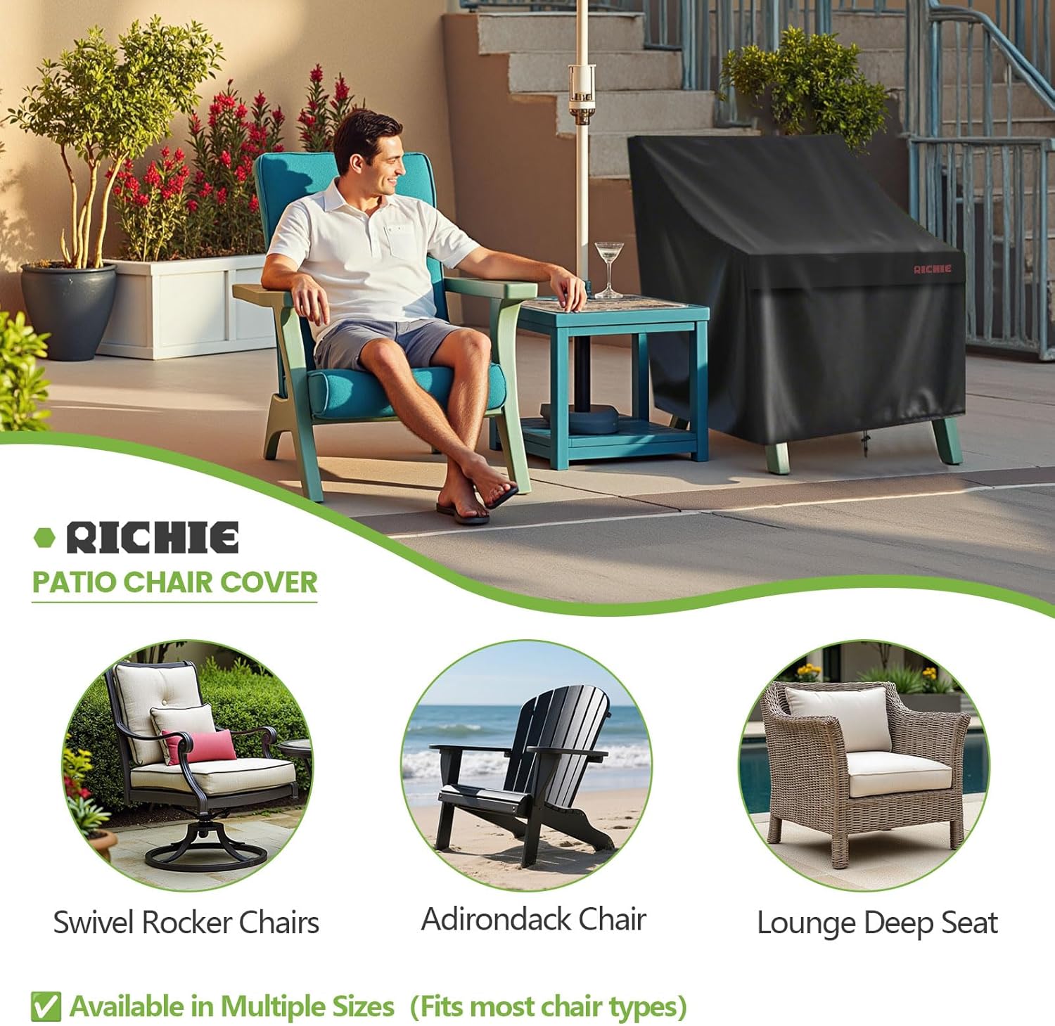RICHIE Patio Chair Covers Waterproof, 600D Oxford Fabric Lounge Deep Seat Outdoor Furniture Covers with Air Vents, Fits 38"W x 40"D x 31"H (Black，2 Pack)