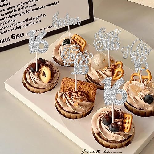 Miniatura 7 de Paquete de 30 adornos para cupcakes con purpurina para cumpleaños de 16 años, dulces 16, palillos de dientes para cupcakes de 16 años, para fiesta