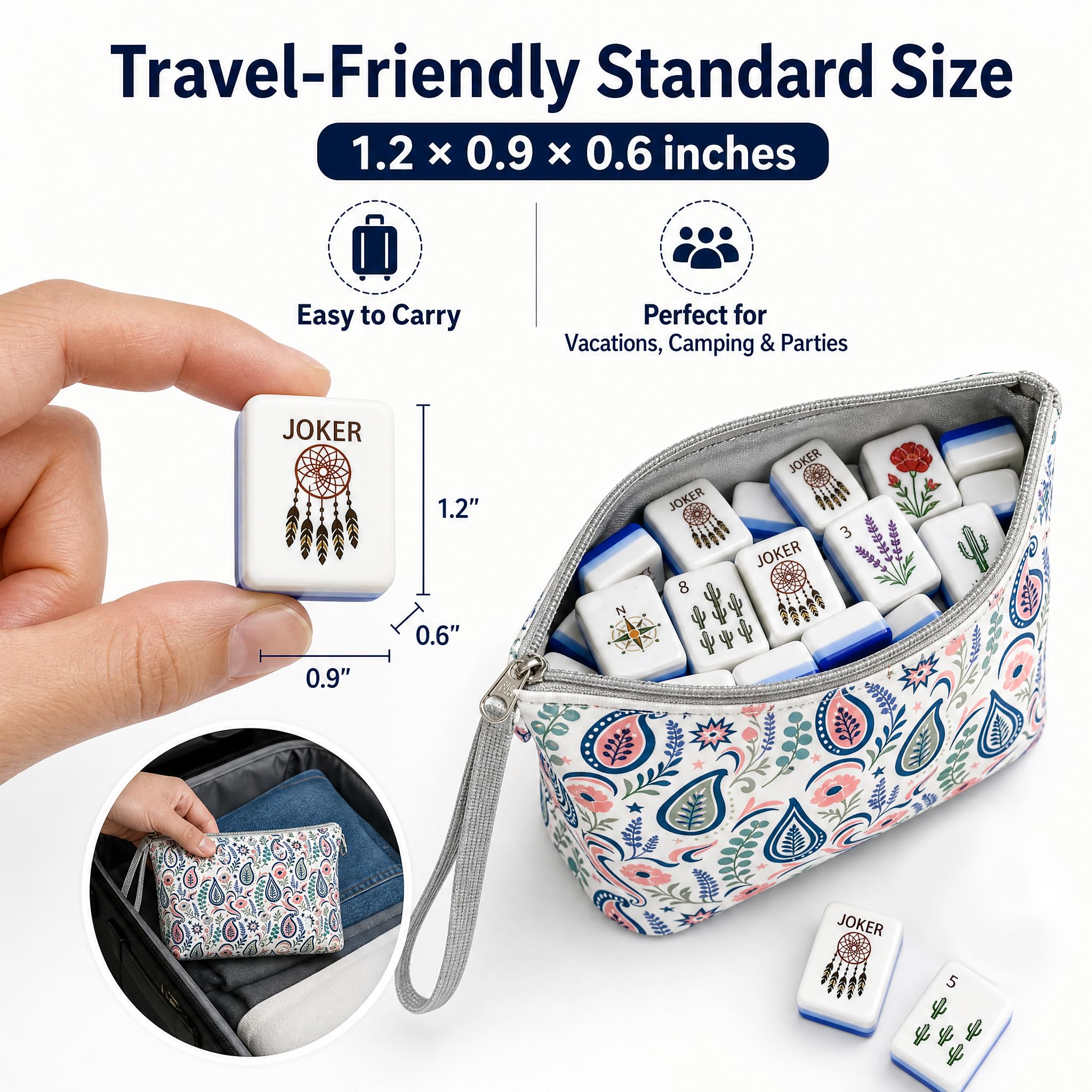 American Mahjong - Set di 160 piastrelle Mahjong in acrilico a 4 strati | Piastrelle da viaggio in stile mahjong, 3 cm, antigraffio, trasparenti, motivo bohémien, per giochi di famiglia e feste