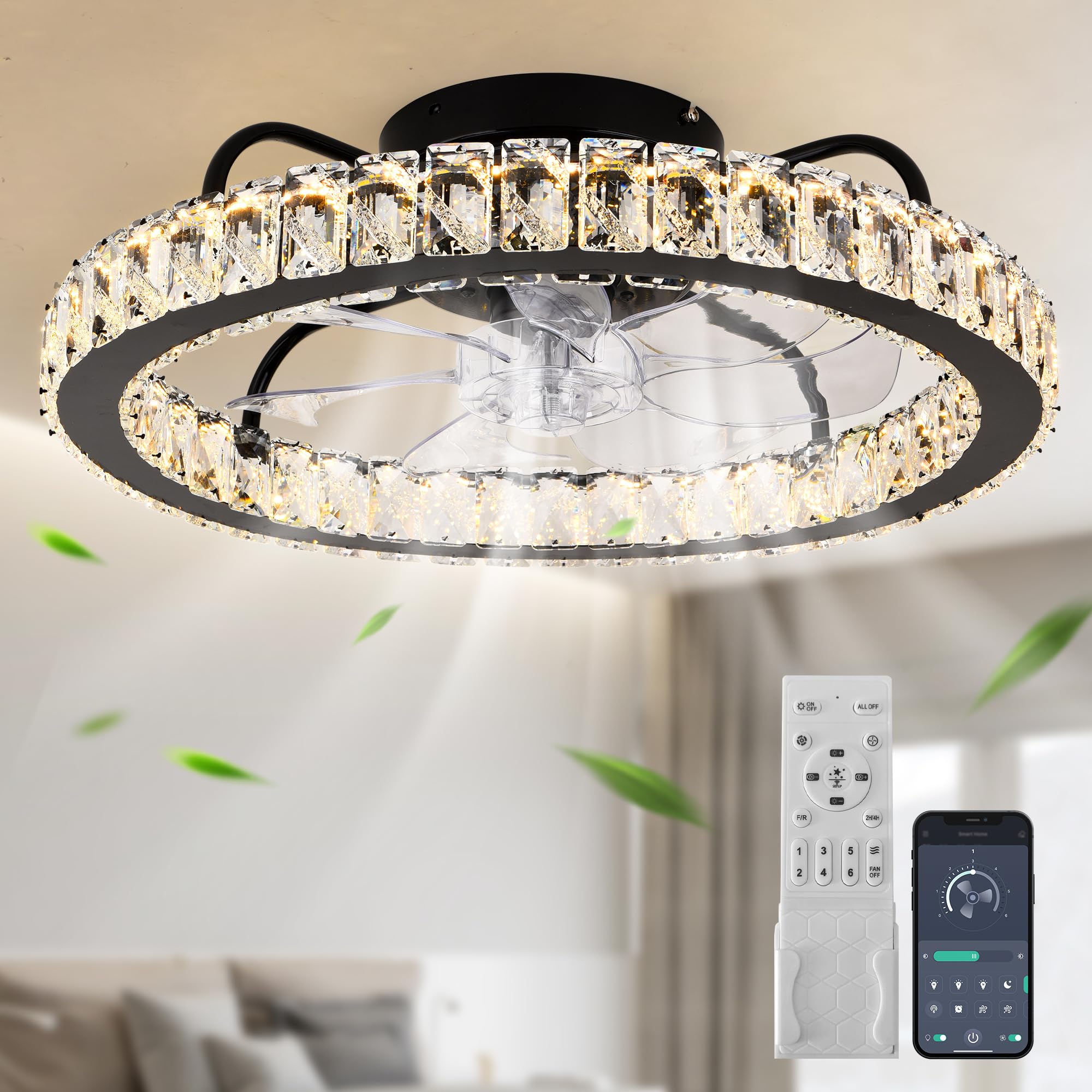 Ganeed Modern Dimmable LED Crystal Ceiling Fans with Lights, 50cm Black Round Ceiling Fan with Lamp and Remote, Bladeless Indoor Semi Flush Mount Fans Lighting Fixture for Living Room Kitchen Bedroom