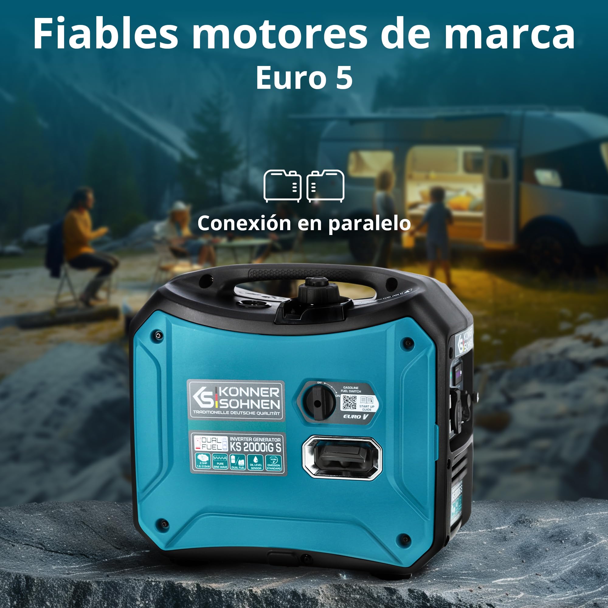 Generador inverter híbrido gas/gasolina Könner & Söhnen KS 2000iG S, 2000 W, carcasa insonorizada (62 dB), Schuko 230V, LED, modo eco, cobre, protección, EURO 5