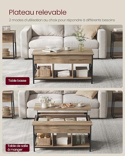 VASAGLE Table Basse, Table de Salon avec Plateau Relevable, avec Rangement Ouvert et Compartiment Caché, Barres en Forme de X, 60 x 100 x (48-62) cm, Marron Camel et Noir LCT205K50 - 3