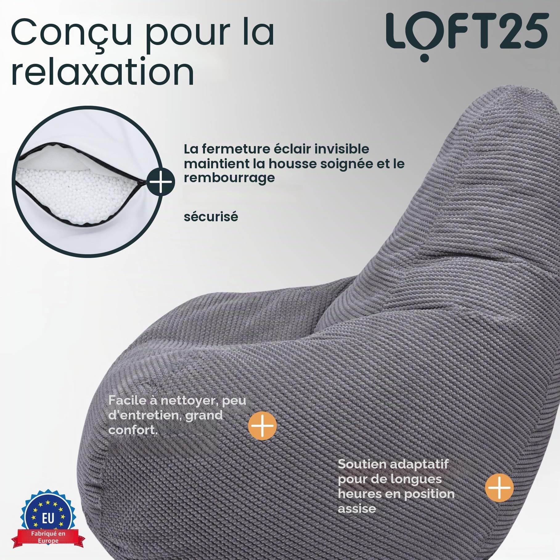 Loft 25 Pouf ergonomique d’intérieur en forme de poire à dossier haut pour adulte en tissu velours côtelé et doublure intérieure Gris anthracite