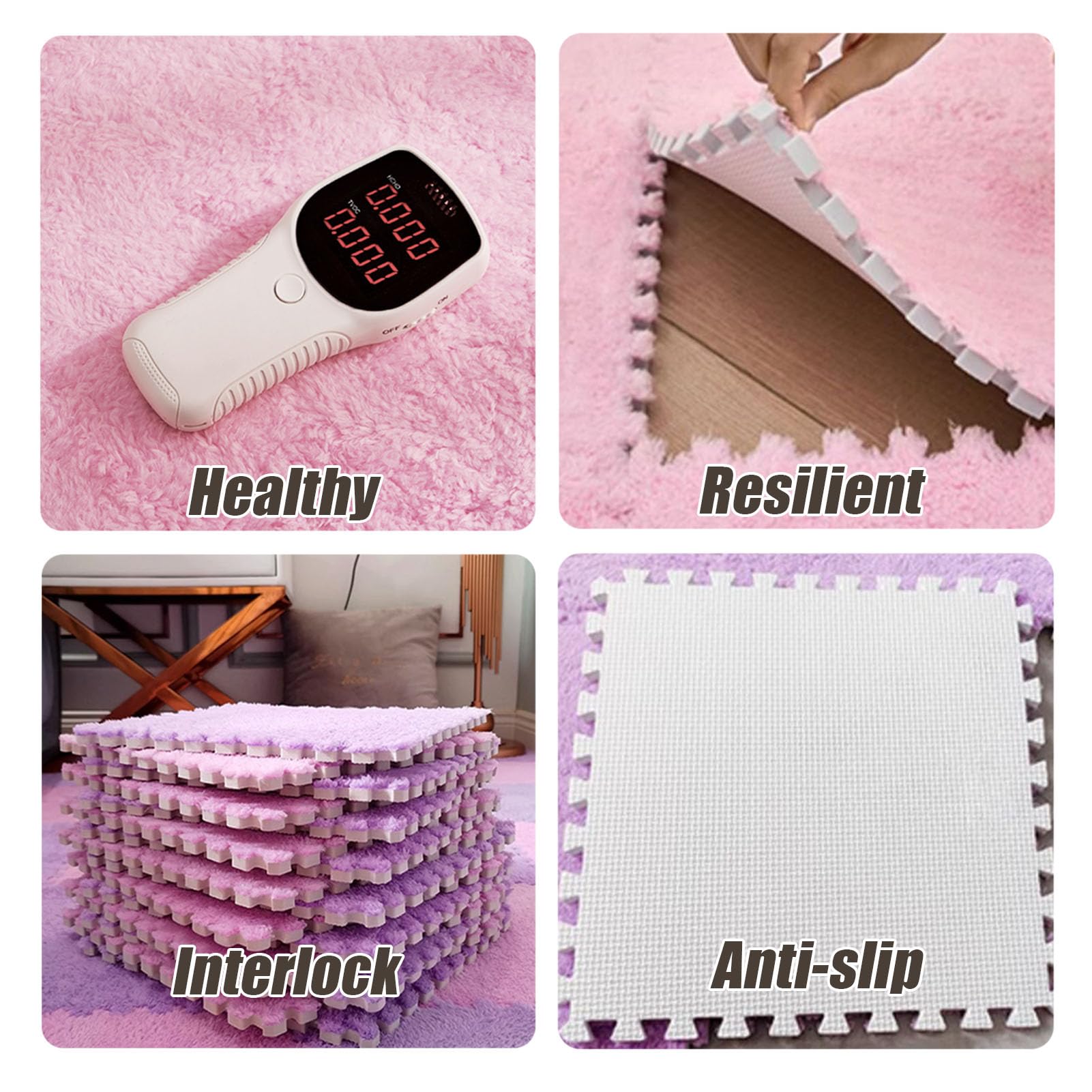 Tapis de sol en mousse souple en peluche, 150 pièces, 144 pieds carrés, tapis de jeu carré, salle de jeux, dalles de moquette emboîtables, chambre à coucher, 12x12 pouces (rose + violet 0,23 pouces)