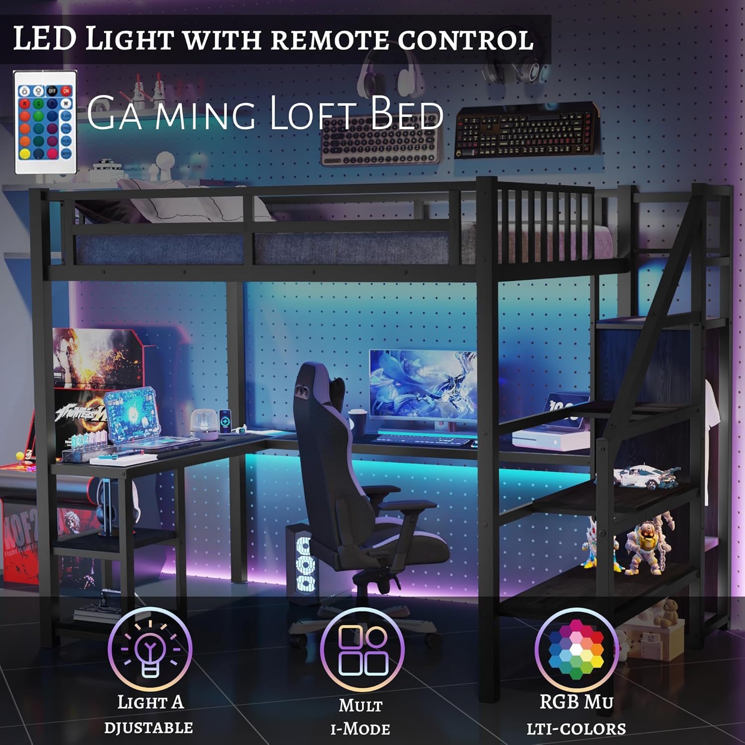 Loft bed with LED lighting and remote control